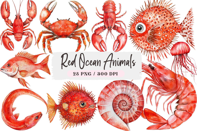 Red Ocean Animals Clipart Bundle - CraftNest - Digital Crafting and Art