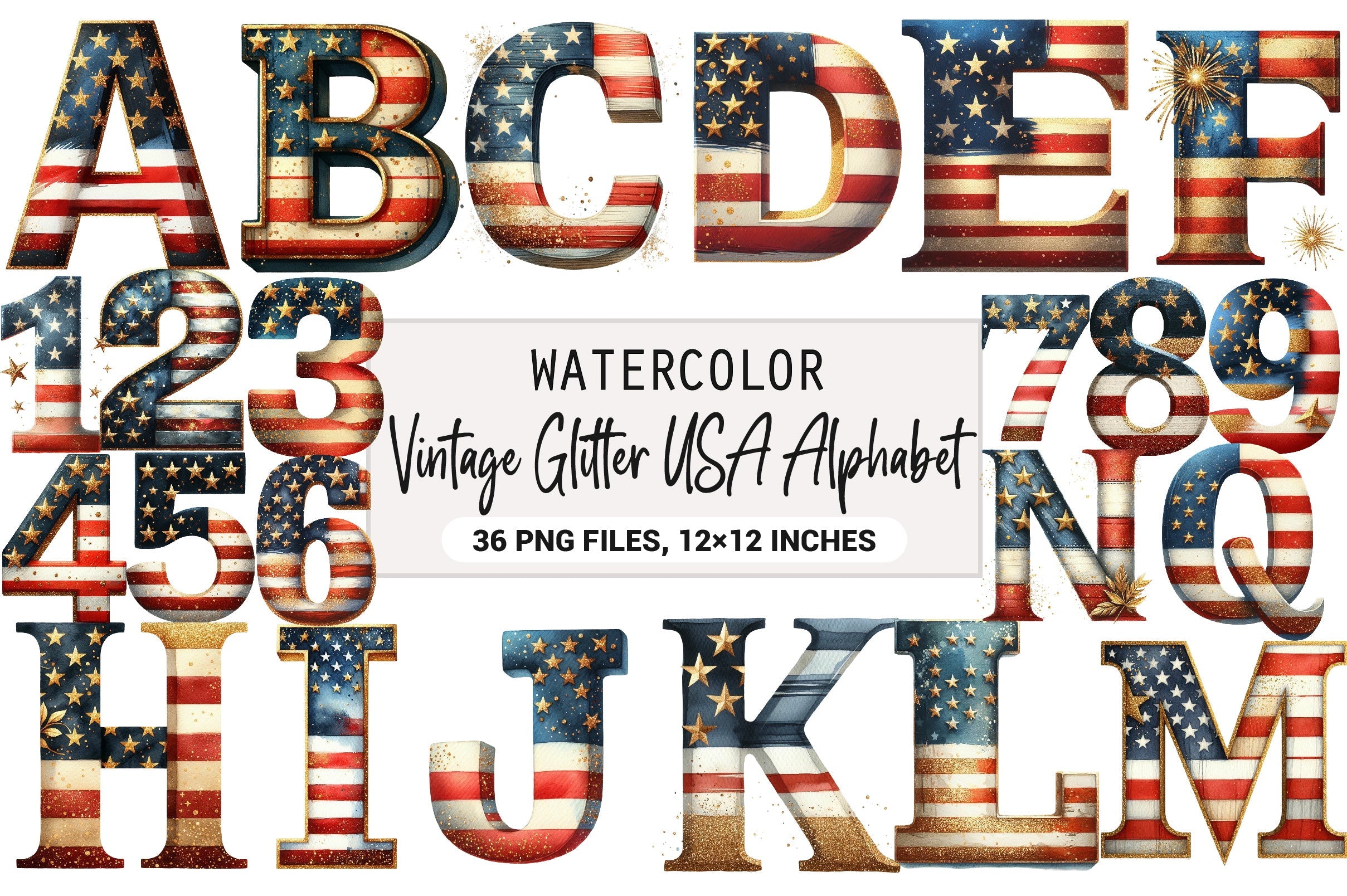 Vintage Glitter USA Alphabet Clipart Bundle