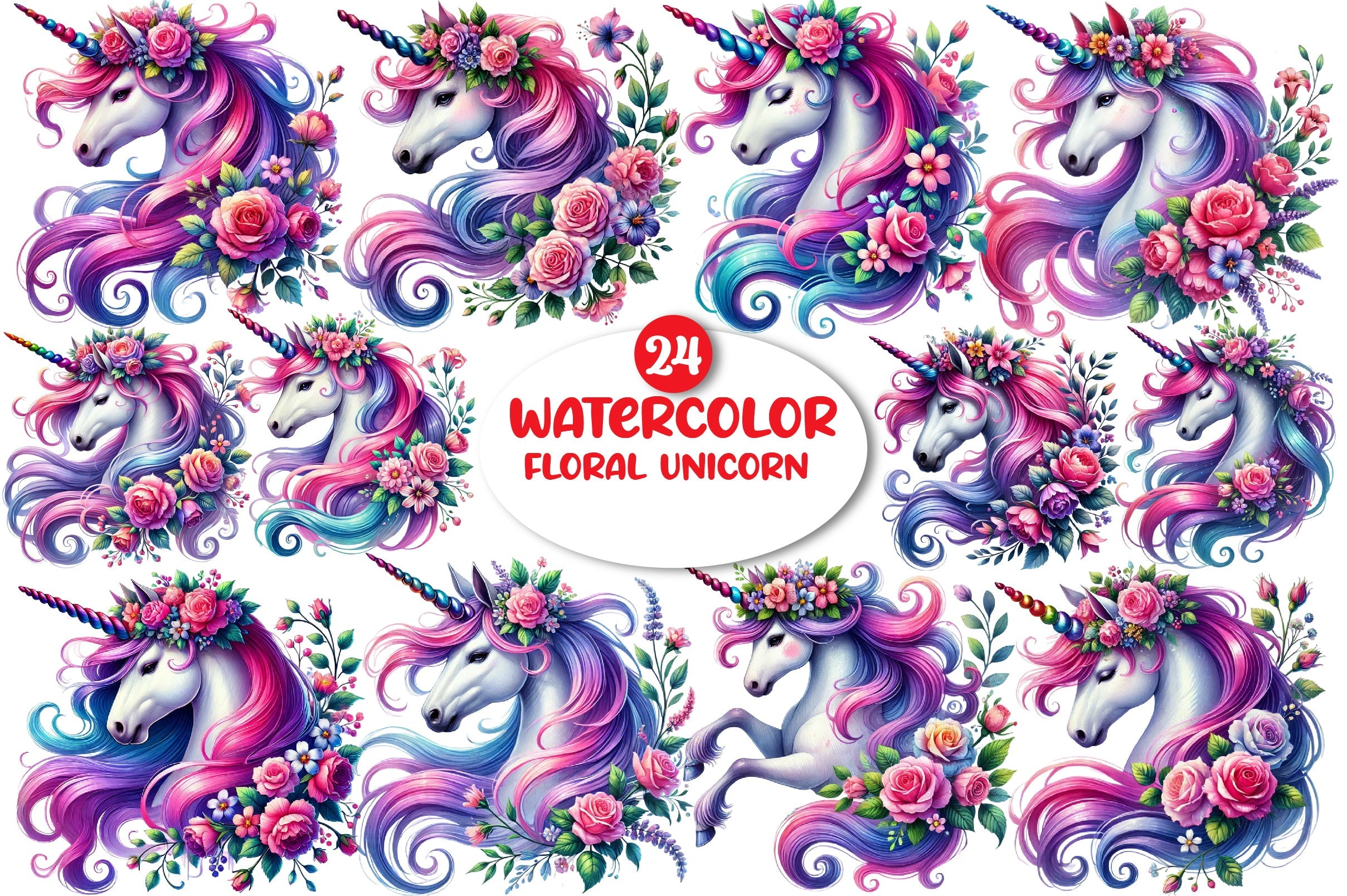 Floral Unicorn Clipart Bundle