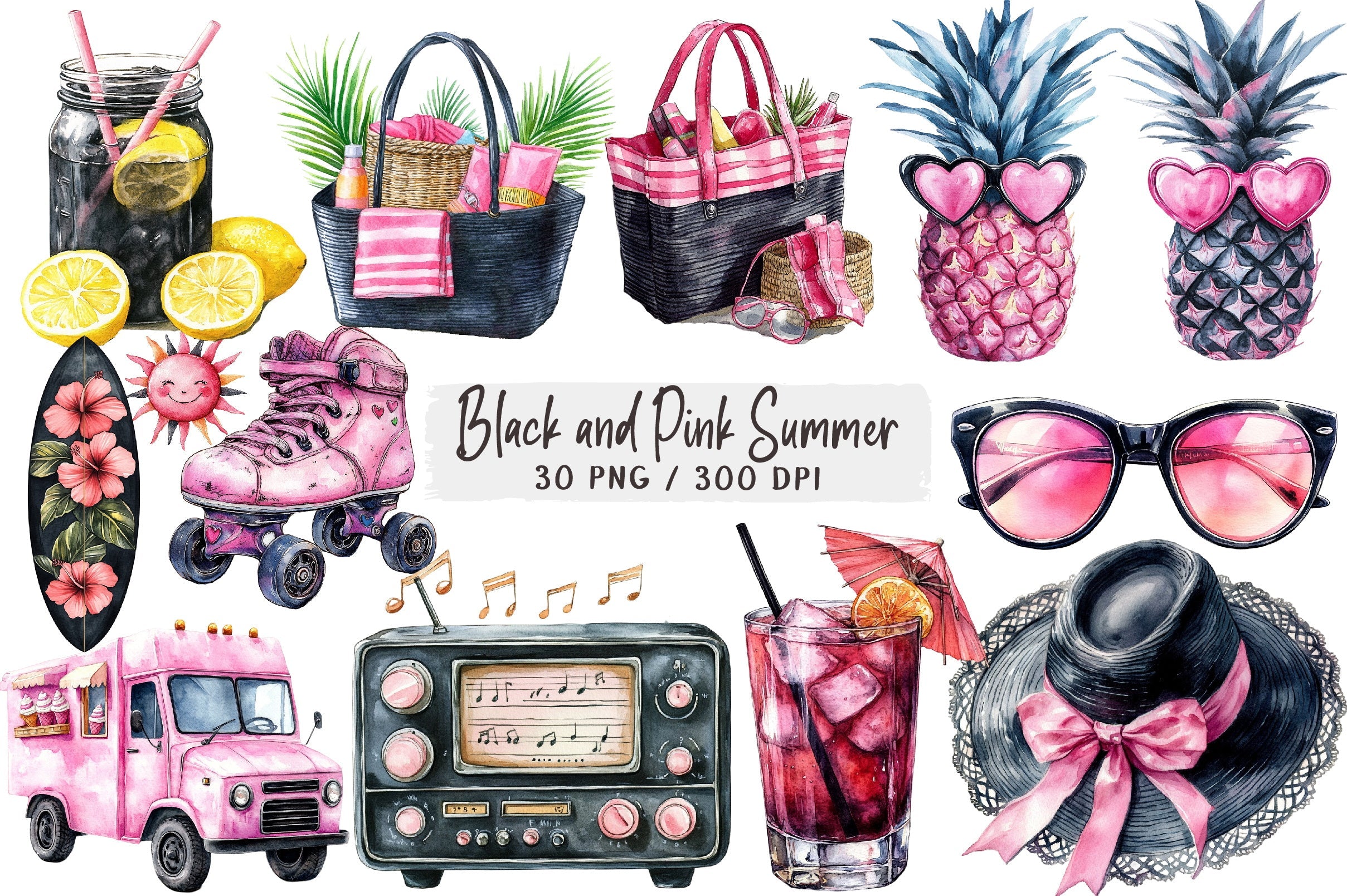 Black and Pink Summer Clipart Bundle