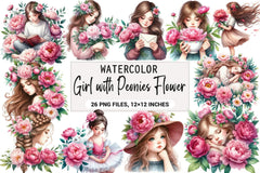 Girl with Peonies Flower Clipart Bundle - CraftNest - Digital Crafting and Art