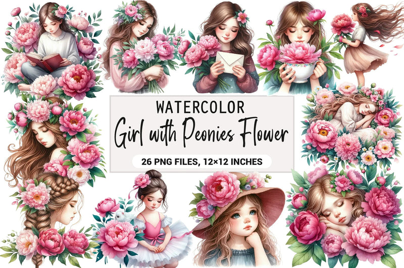 Girl with Peonies Flower Clipart Bundle - CraftNest - Digital Crafting and Art
