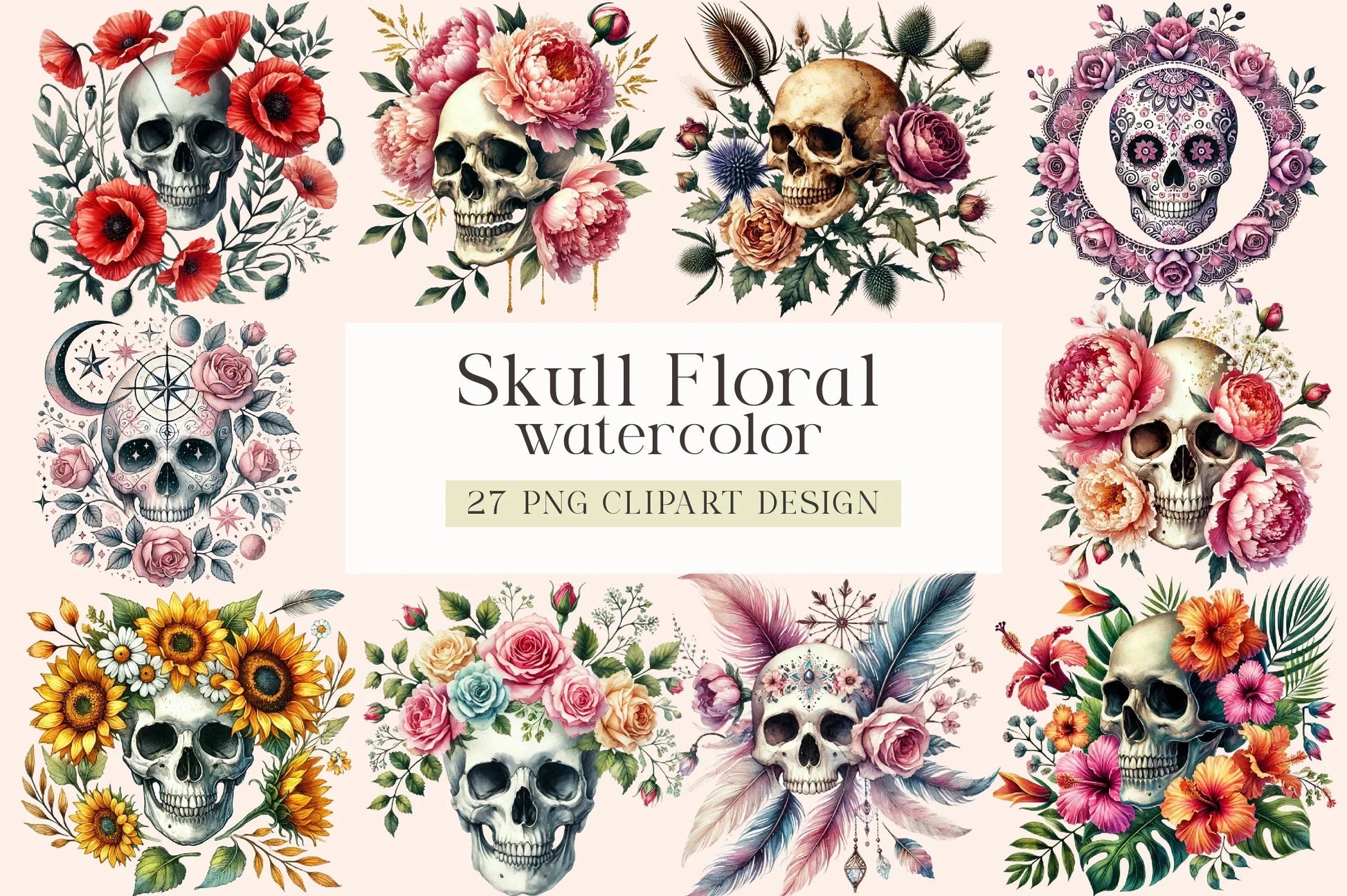 Skull Floral Clipart Bundle - CraftNest - Digital Crafting and Art