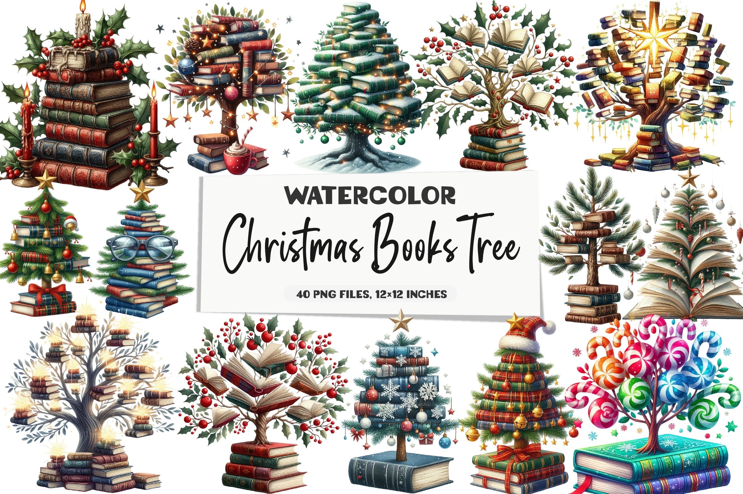 Christmas Books Tree Clipart Bundle
