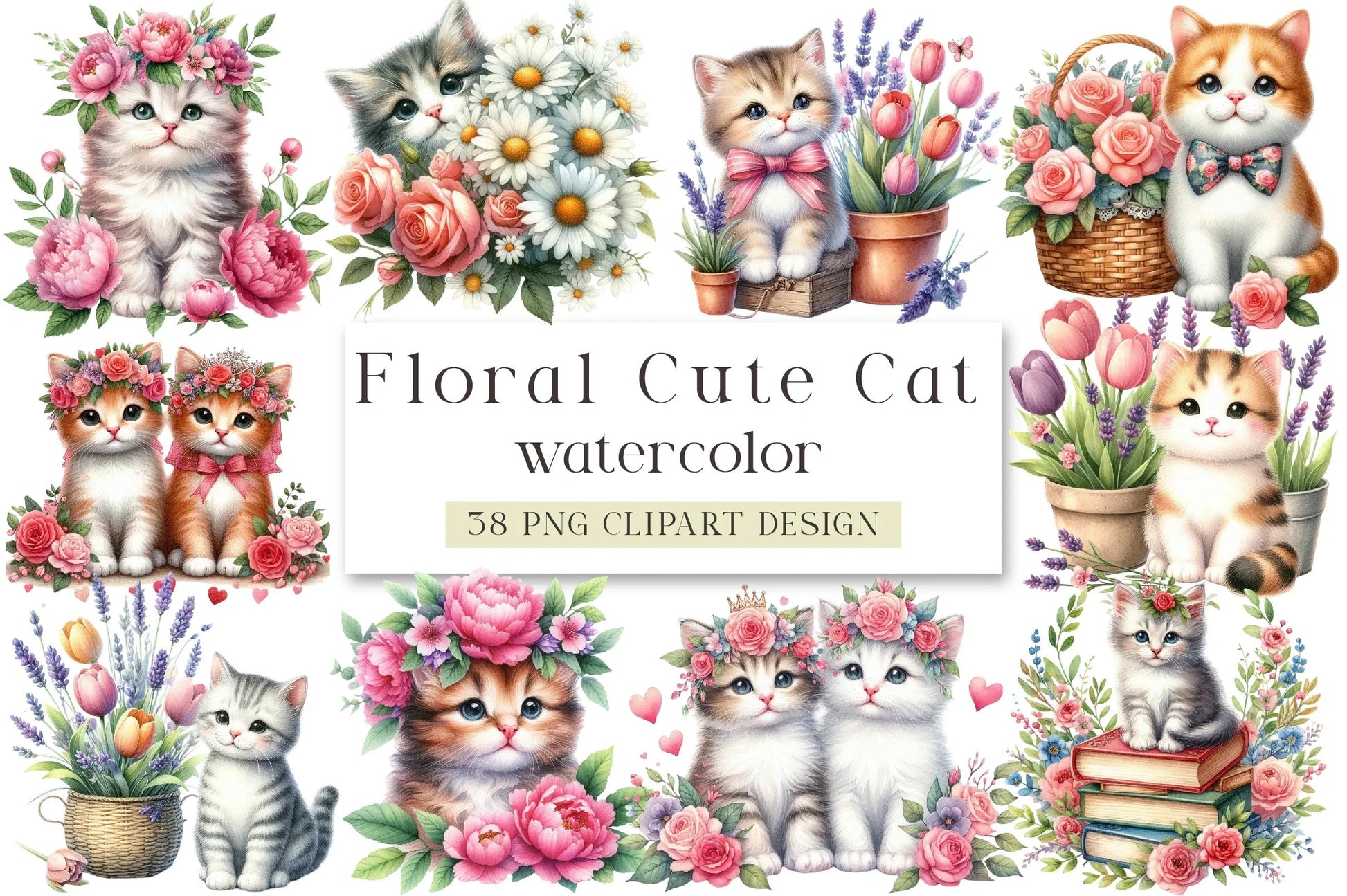Floral Cute Cat Clipart Bundle - CraftNest - Digital Crafting and Art