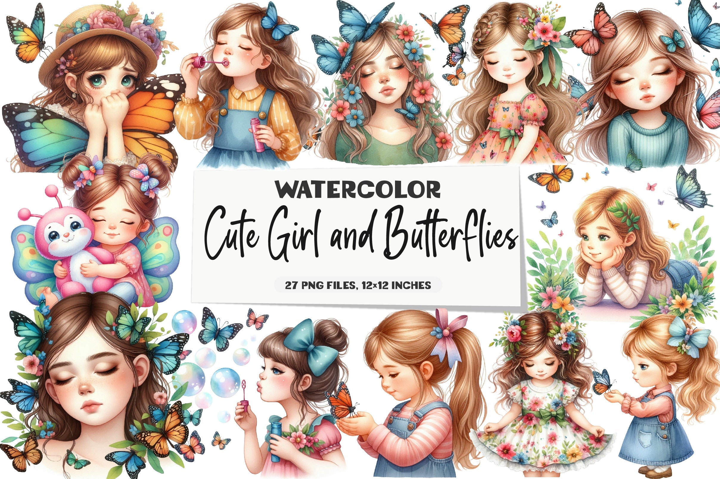 Cute Girl and Butterflies Clipart Bundle