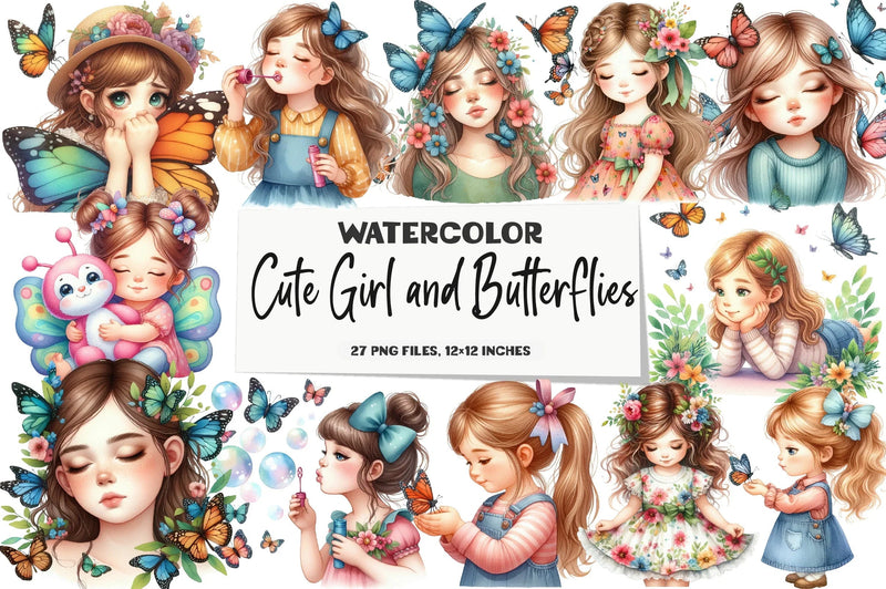 Cute Girl and Butterflies Clipart Bundle - CraftNest - Digital Crafting and Art