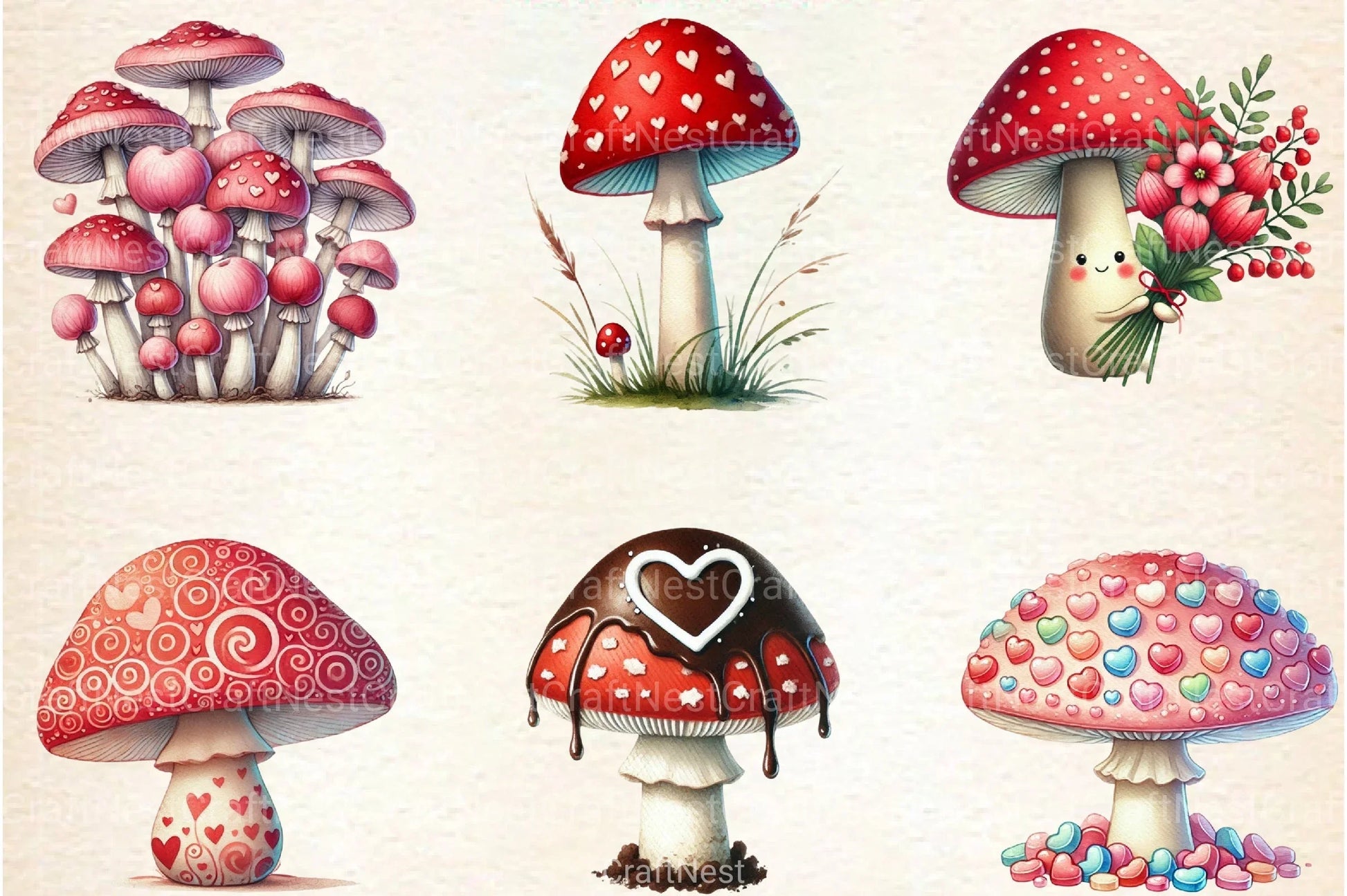 Valentine's Day Mushroom Clipart Bundle 8 - CraftNest - Digital Crafting and Art