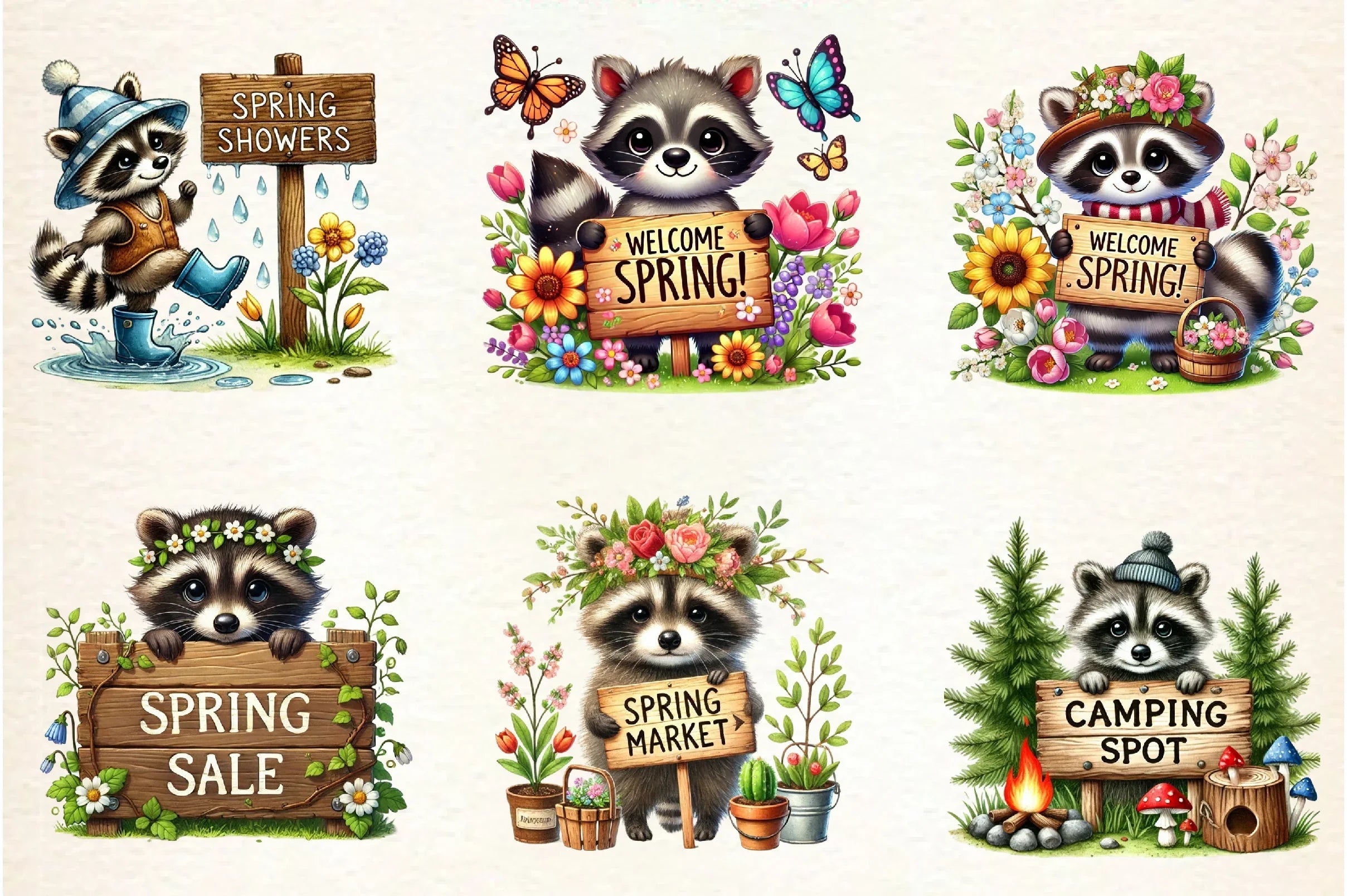 Spring Raccoon Wooden Signs Clipart Bundle - CraftNest - Digital Crafting and Art