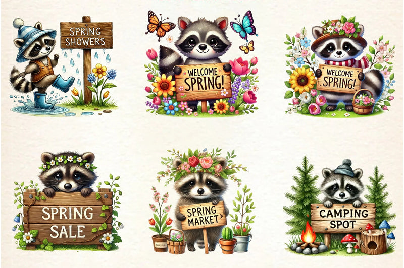Spring Raccoon Wooden Signs Clipart Bundle - CraftNest - Digital Crafting and Art