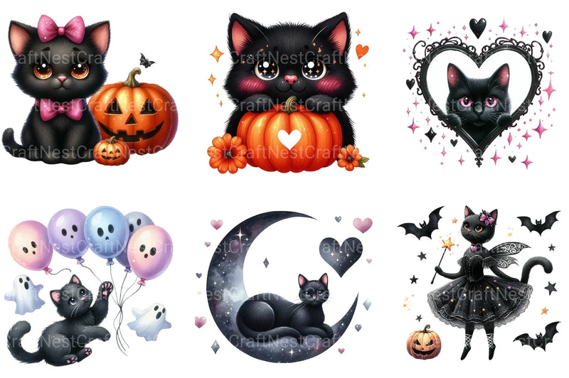 Black Cat Coquette Halloween Clipart Bundle - CraftNest - Digital Crafting and Art
