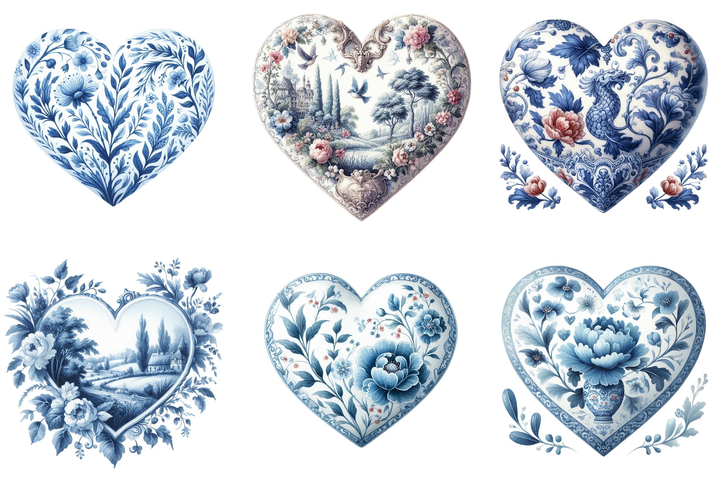 Chinoiserie Blue Toile Heart Clipart Bundle