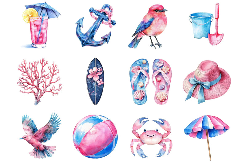 Summer Pink & Blue Coastal Clipart Bundle - CraftNest - Digital Crafting and Art