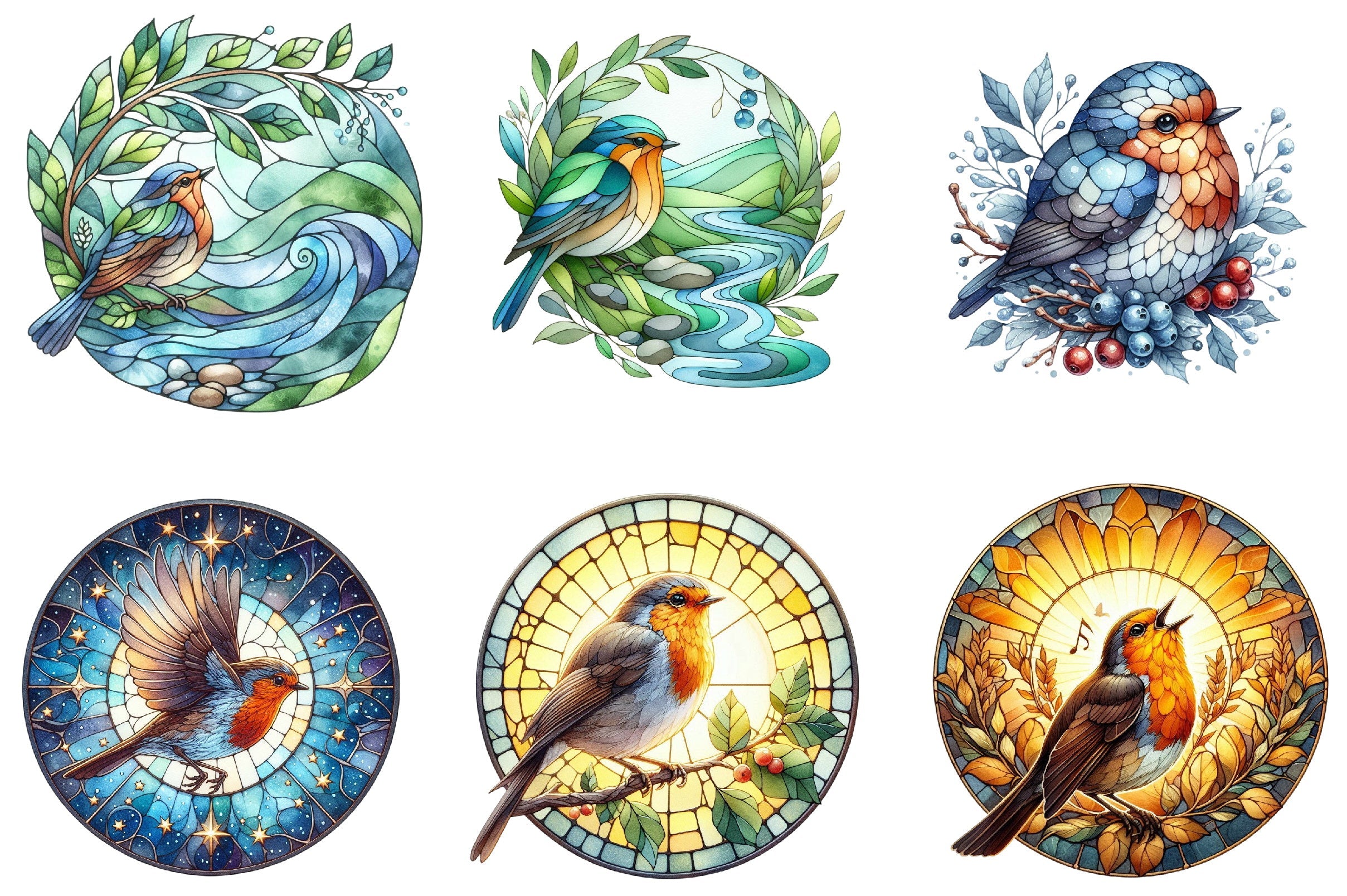 Robin Bird Stained Glass Clipart Bundle