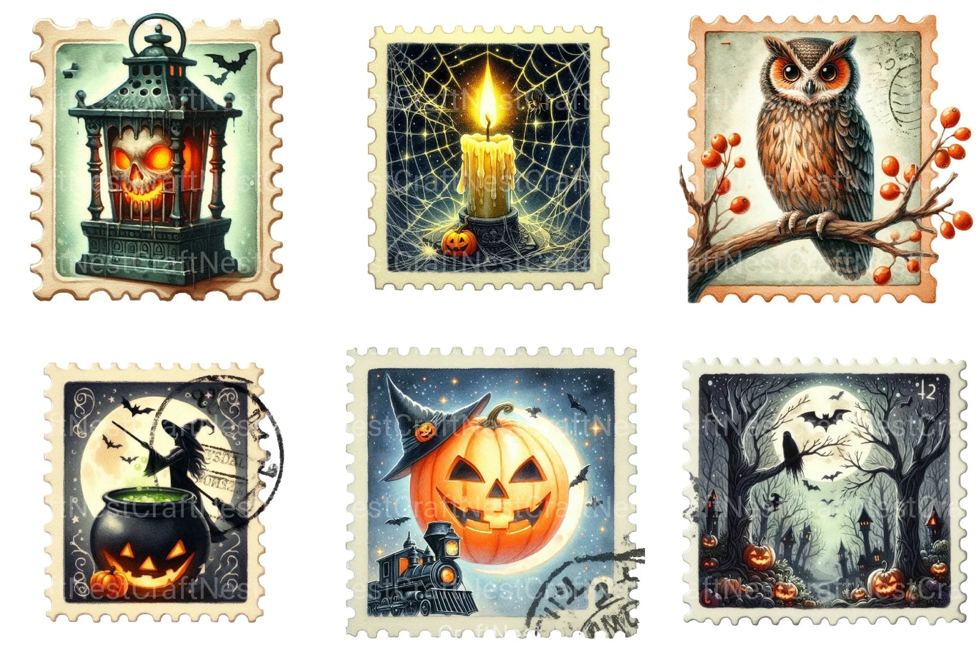 Vintage Halloween Postage Stamp Clipart Bundle - CraftNest - Digital Crafting and Art