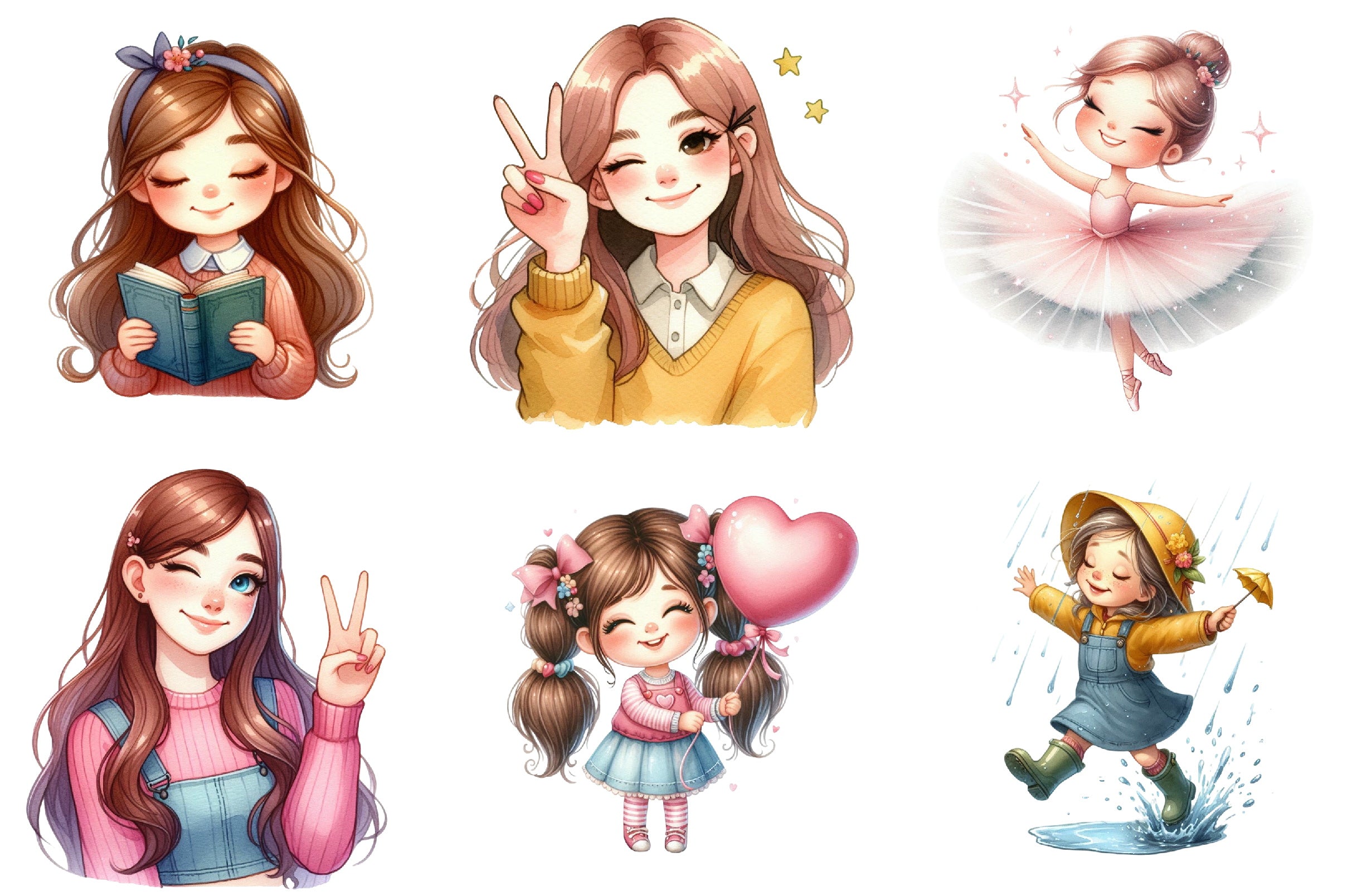 Cute Girl Happy Face Clipart Bundle