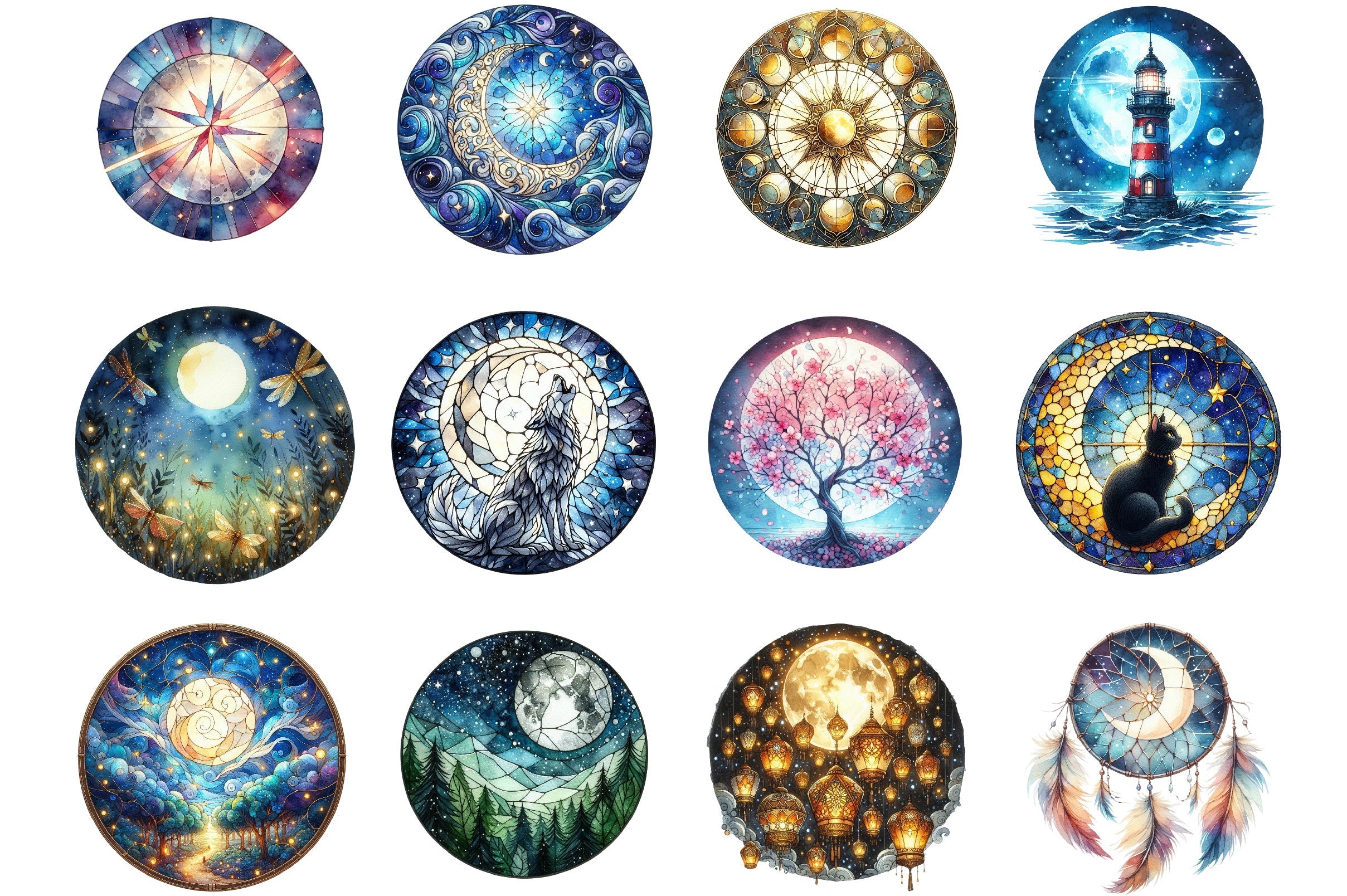 Moonlit Nights Stained Glass Clipart Bundle