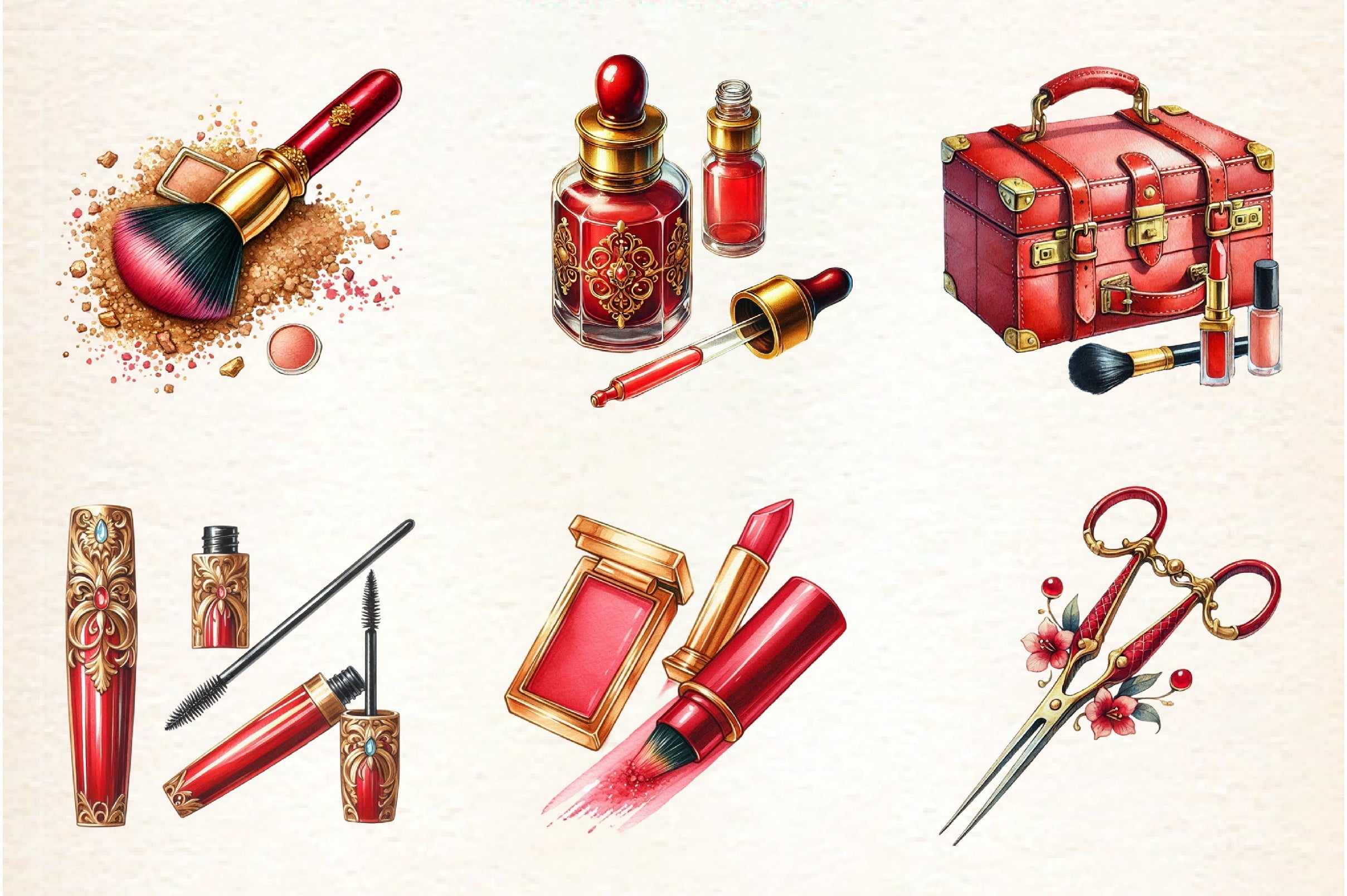 Red and Gold Cosmetics Clipart Bundle