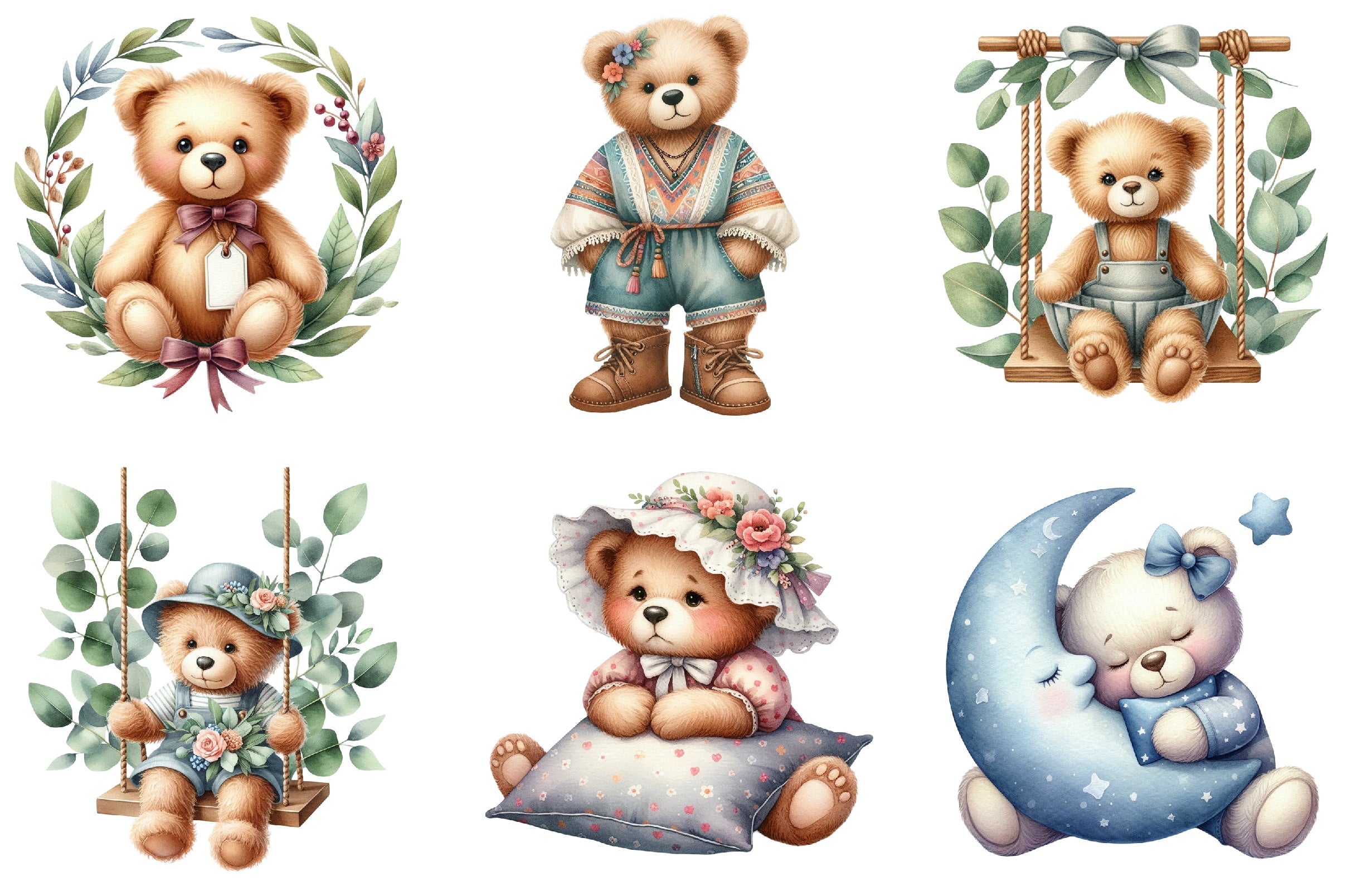 Nursery Teddy Bear Boho Clipart Bundle