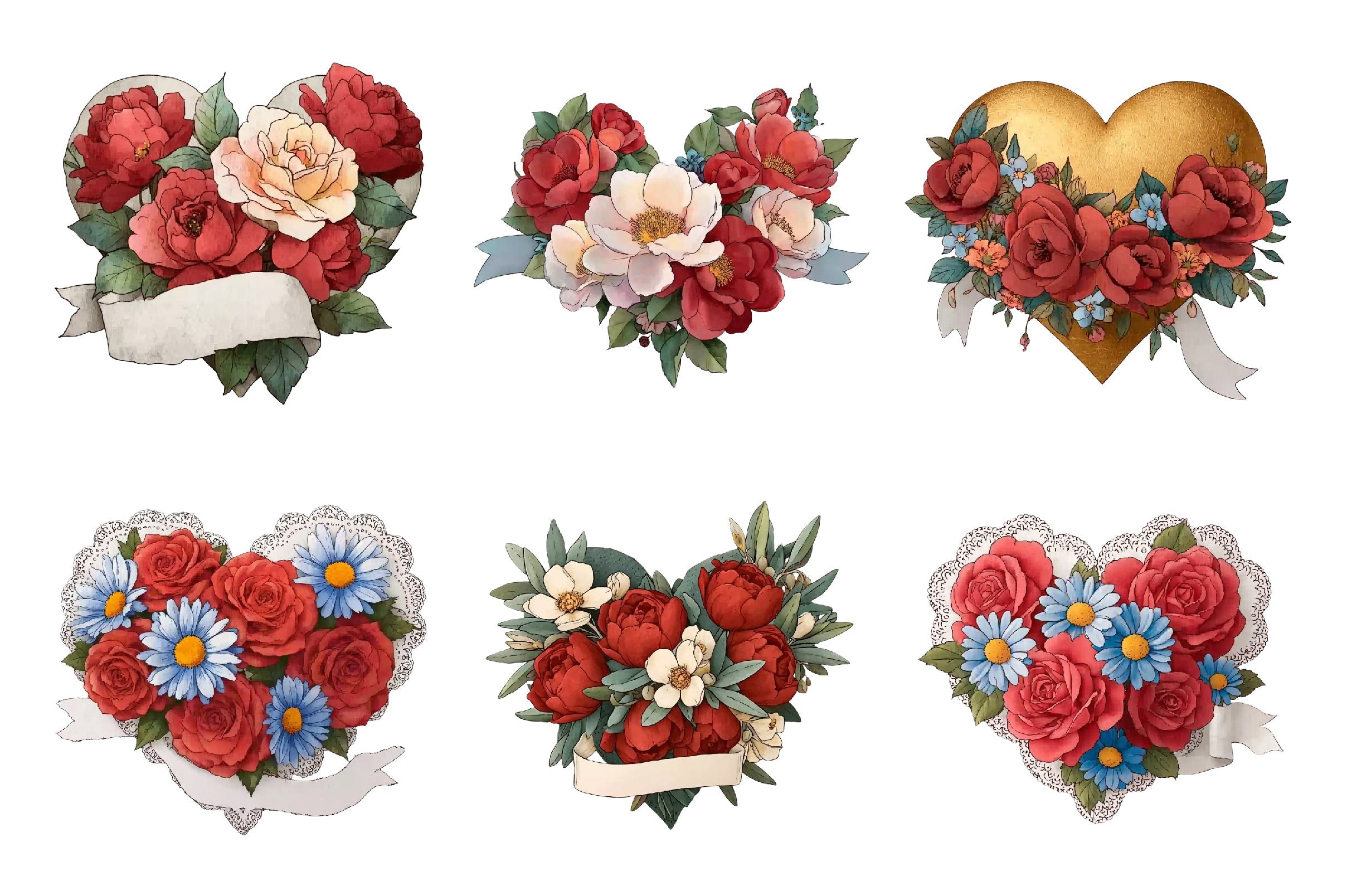Vintage Floral Heart Clipart Bundle