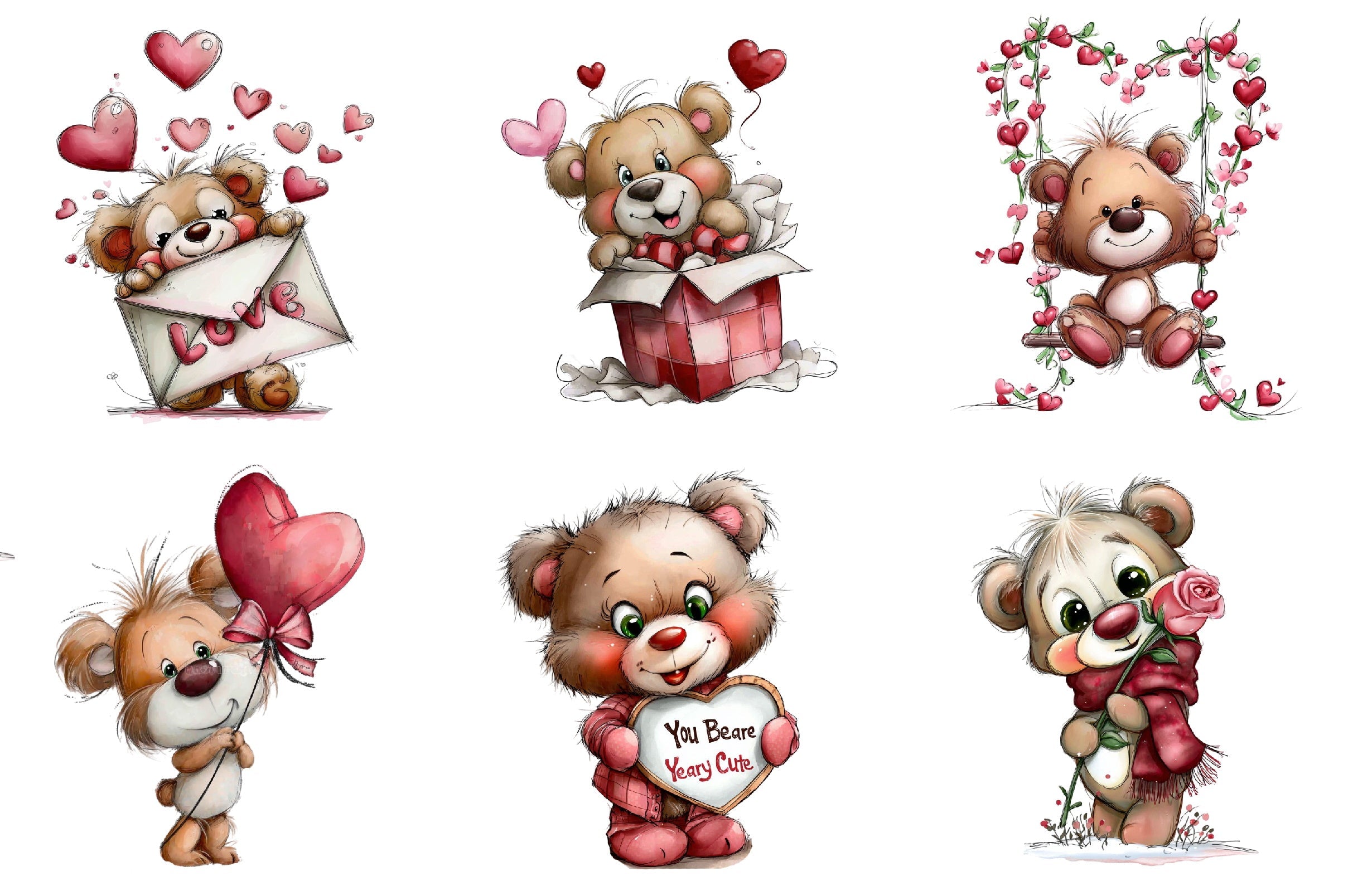 Whimsical Valentine Teddy Bear Clipart Bundle