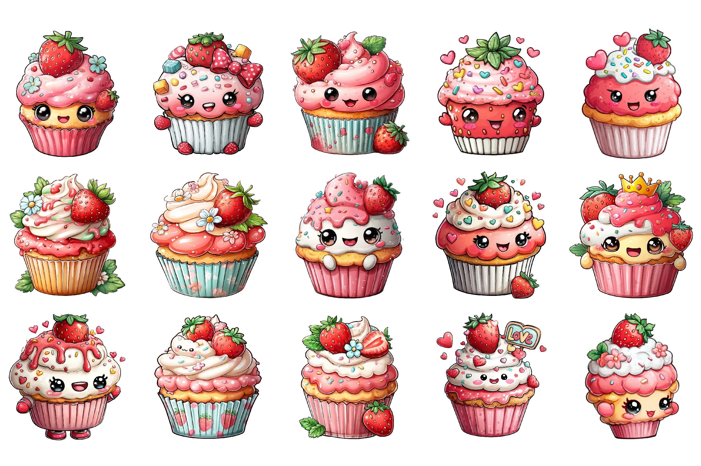 Cute Strawberry Cupcake Clipart Bundle