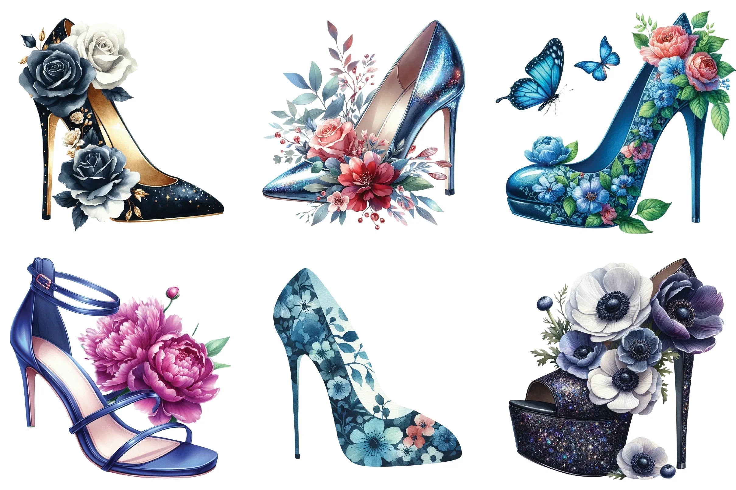 Blue High Heels with Floral Clipart Bundle - CraftNest - Digital Crafting and Art