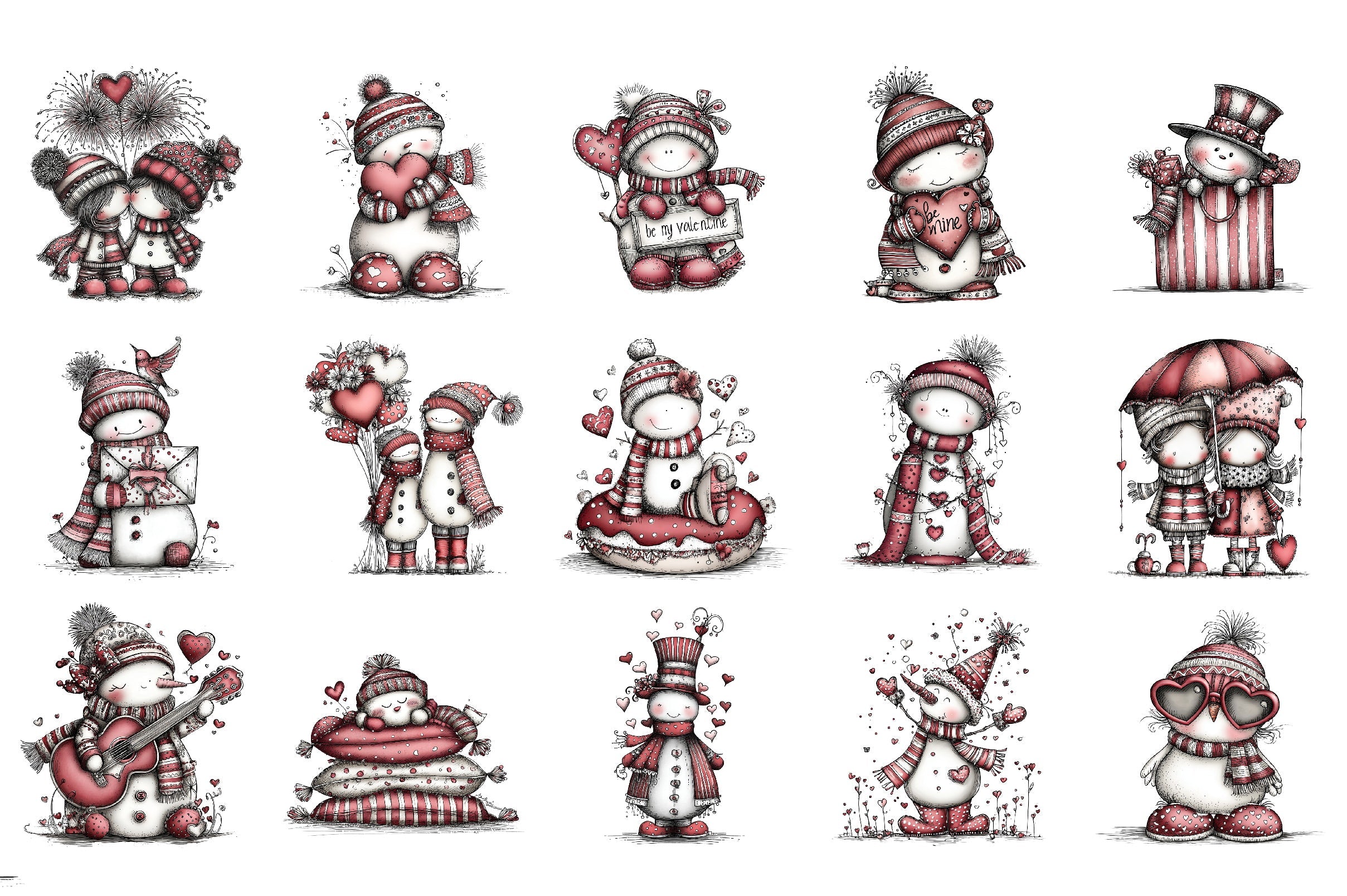 Whimsical Valentine Snowmen Clipart Bundle