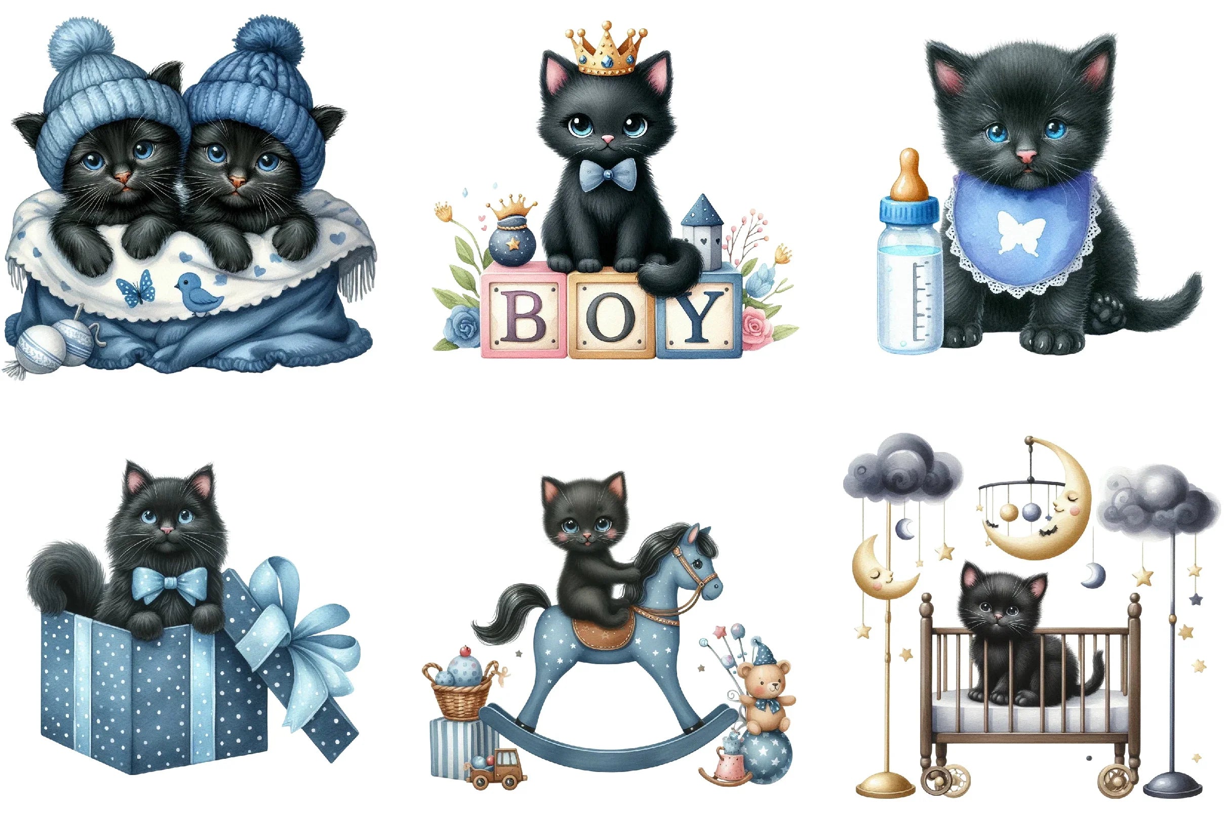 Black Cat Nursery Baby Boy Clipart Bundle - CraftNest - Digital Crafting and Art