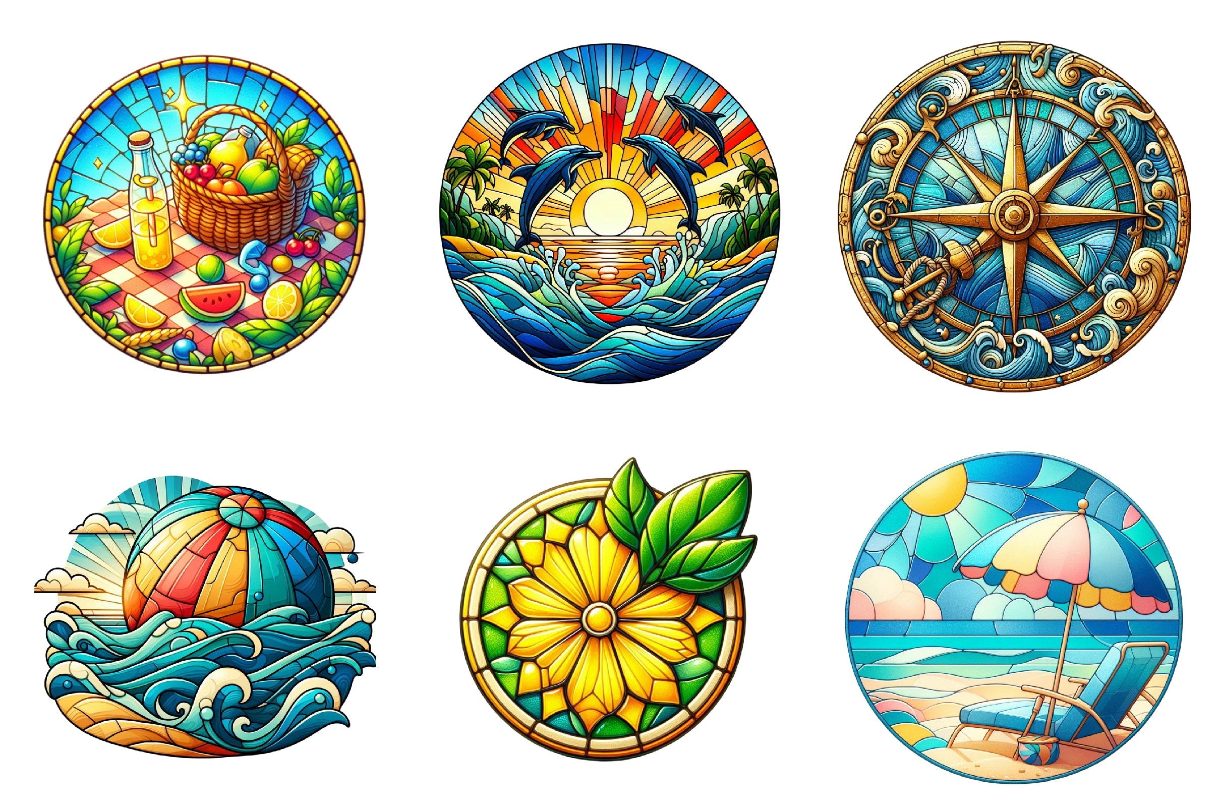 Round Stained Glass Summer Clipart Bundle