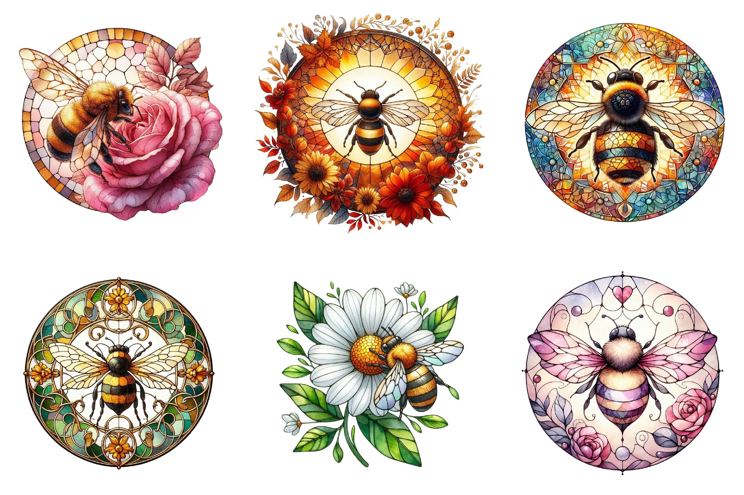 Bee and Flowers Stained Glass Art Clipart Bundle