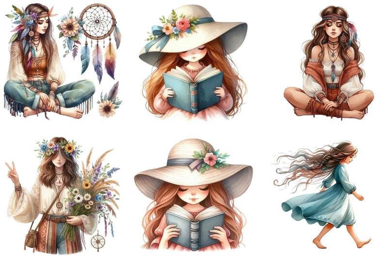 Boho Girls Clipart Bundle - CraftNest - Digital Crafting and Art
