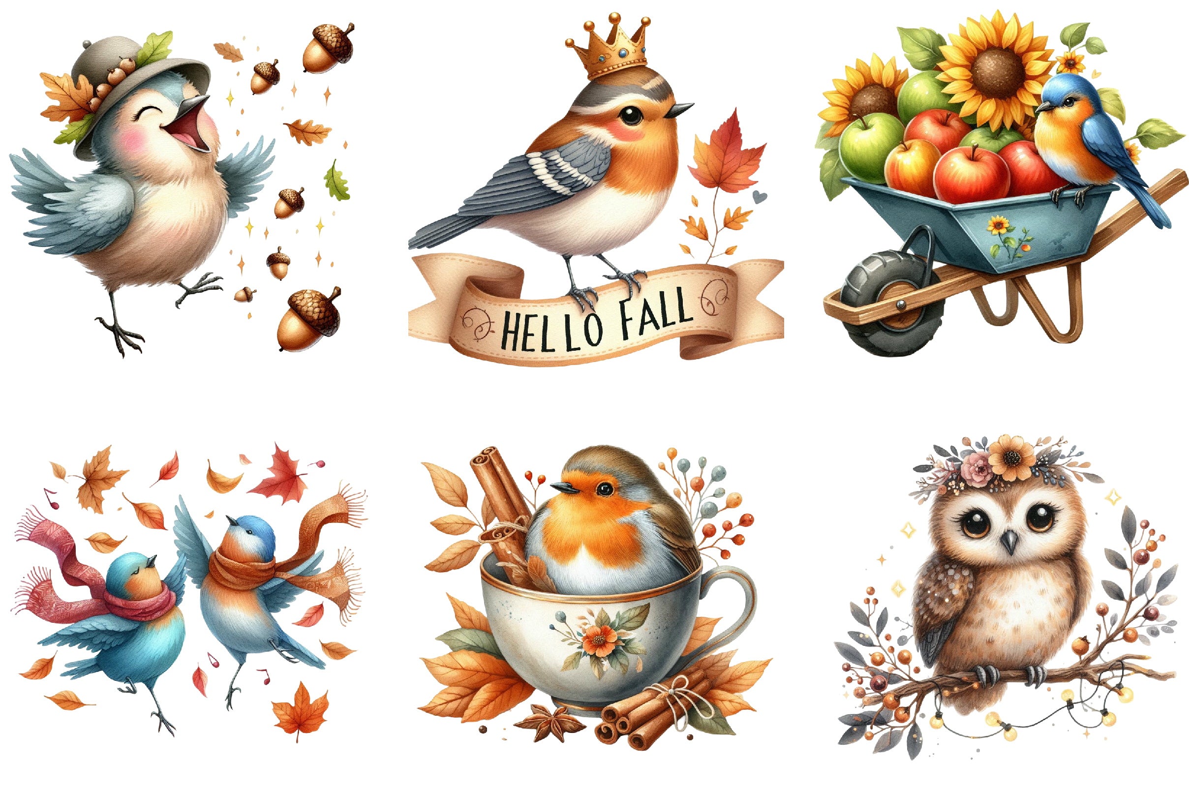 Whimsical Fall Birds Clipart Bundle