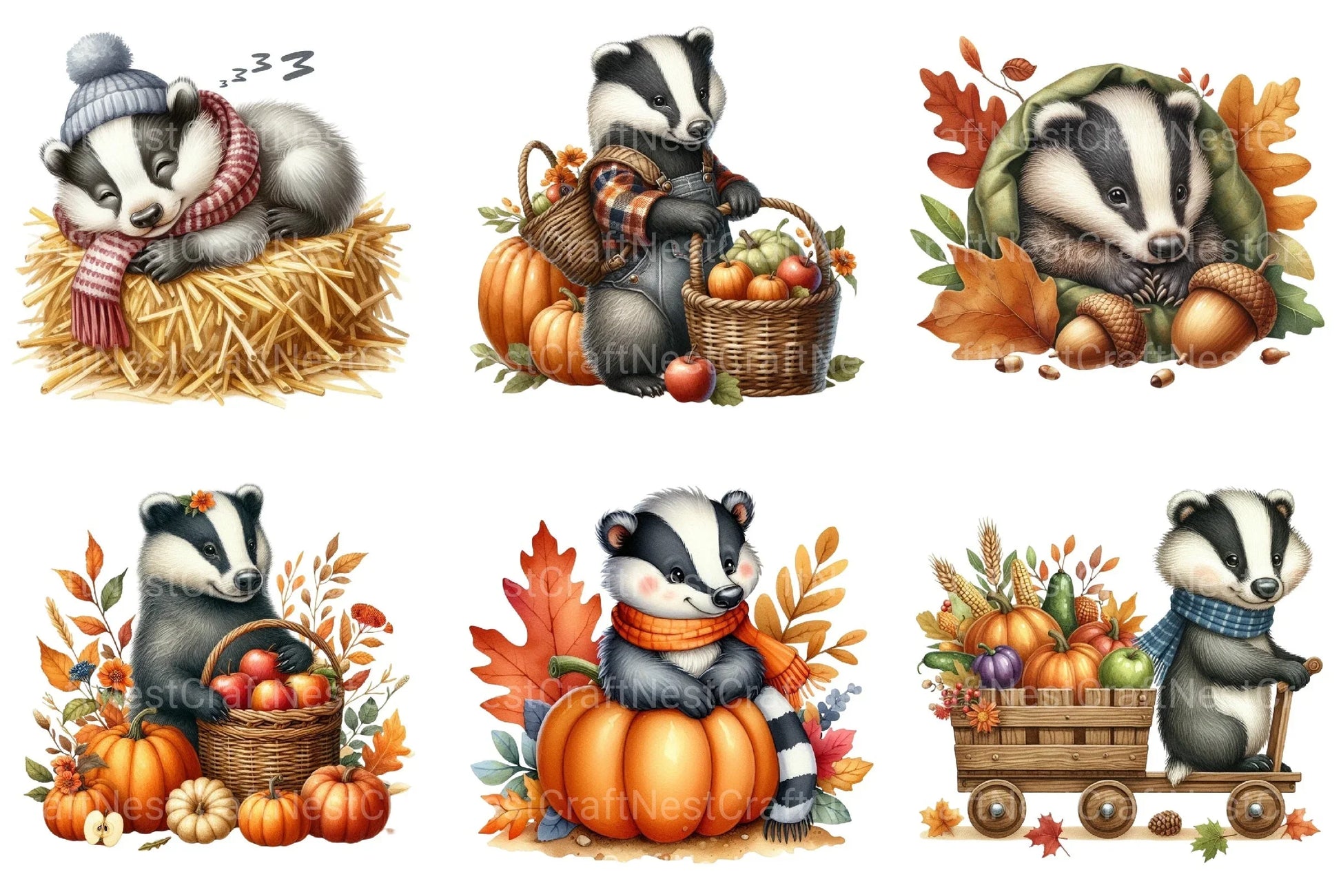Autumn Cute Badger Clipart Bundle - CraftNest - Digital Crafting and Art