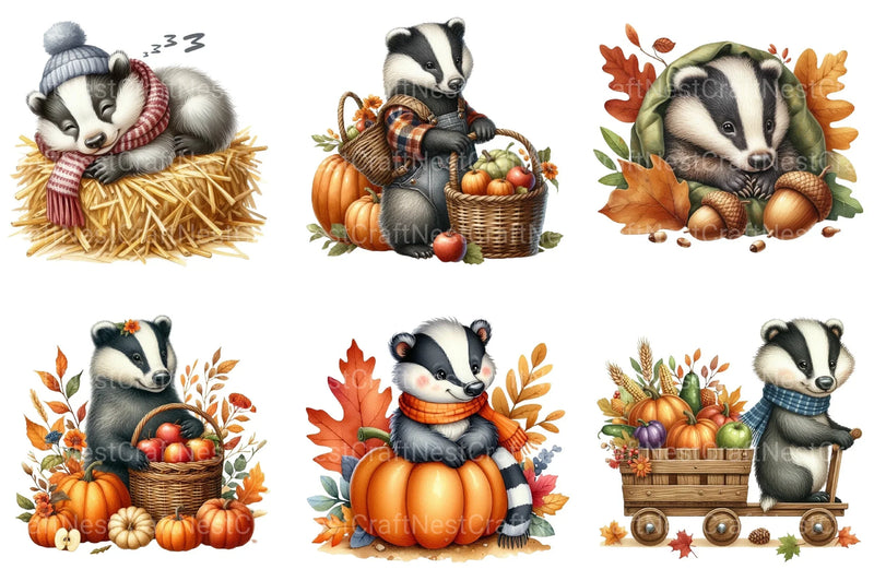 Autumn Cute Badger Clipart Bundle - CraftNest - Digital Crafting and Art
