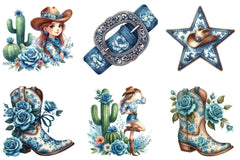Blue Toile Cowgirl Clipart Bundle - CraftNest - Digital Crafting and Art