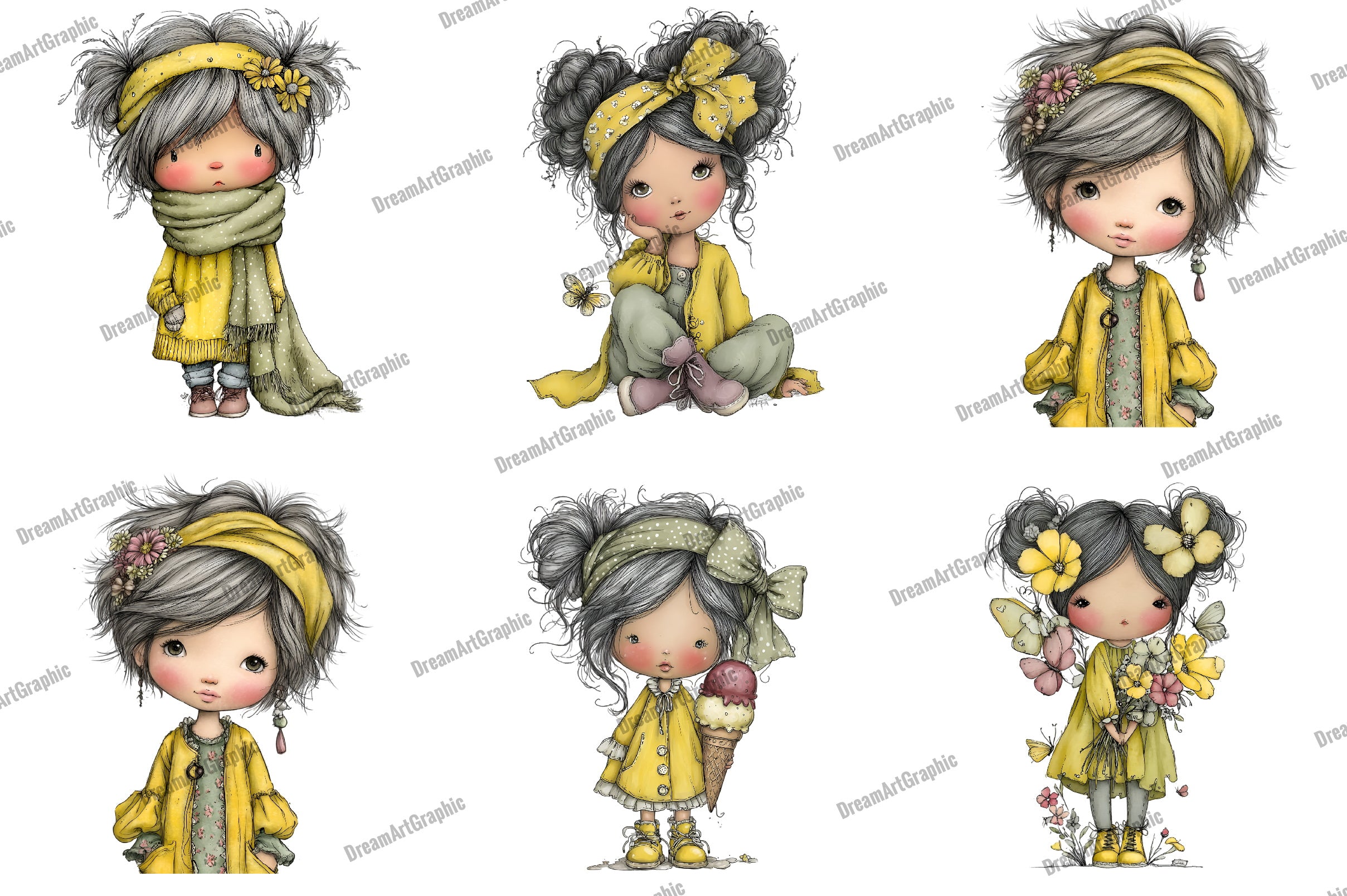 Whimsical Cute Girl Clipart Bundle