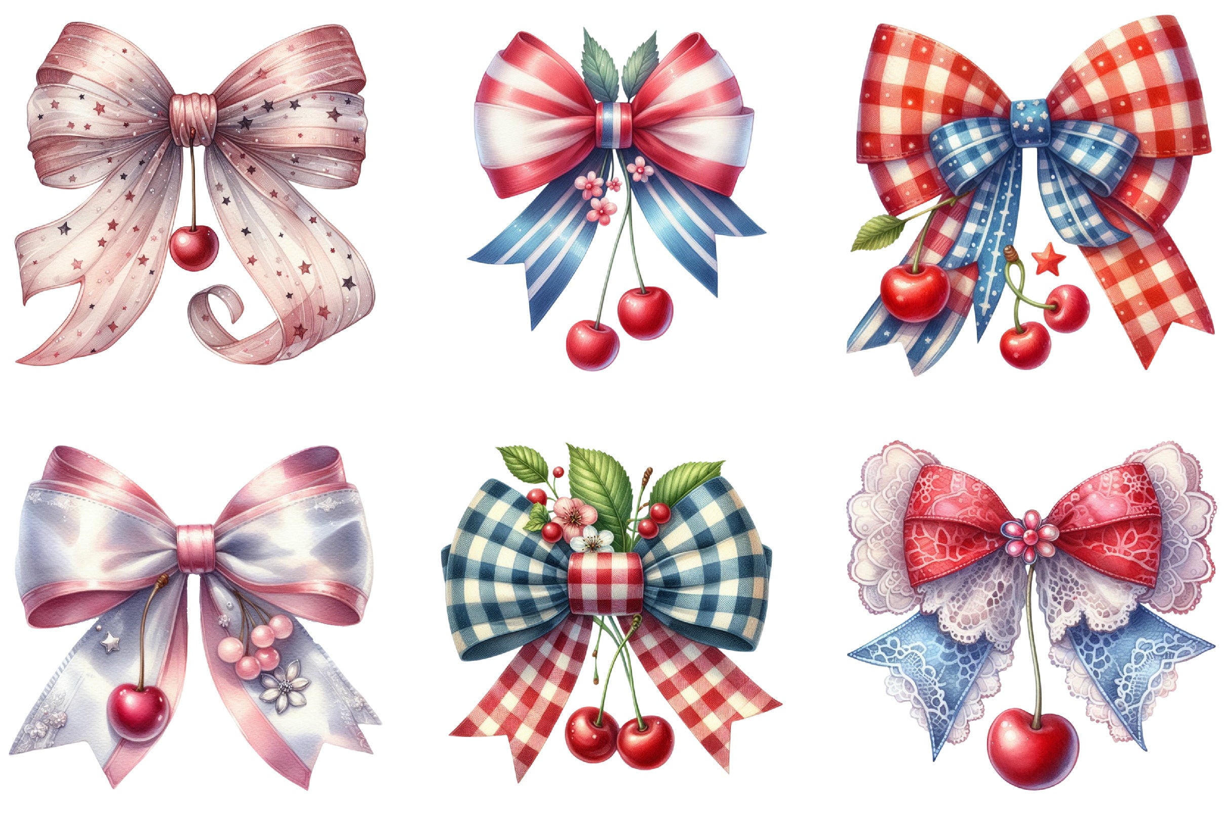 Patriotic Cherry Coquette Bow Clipart Bundle