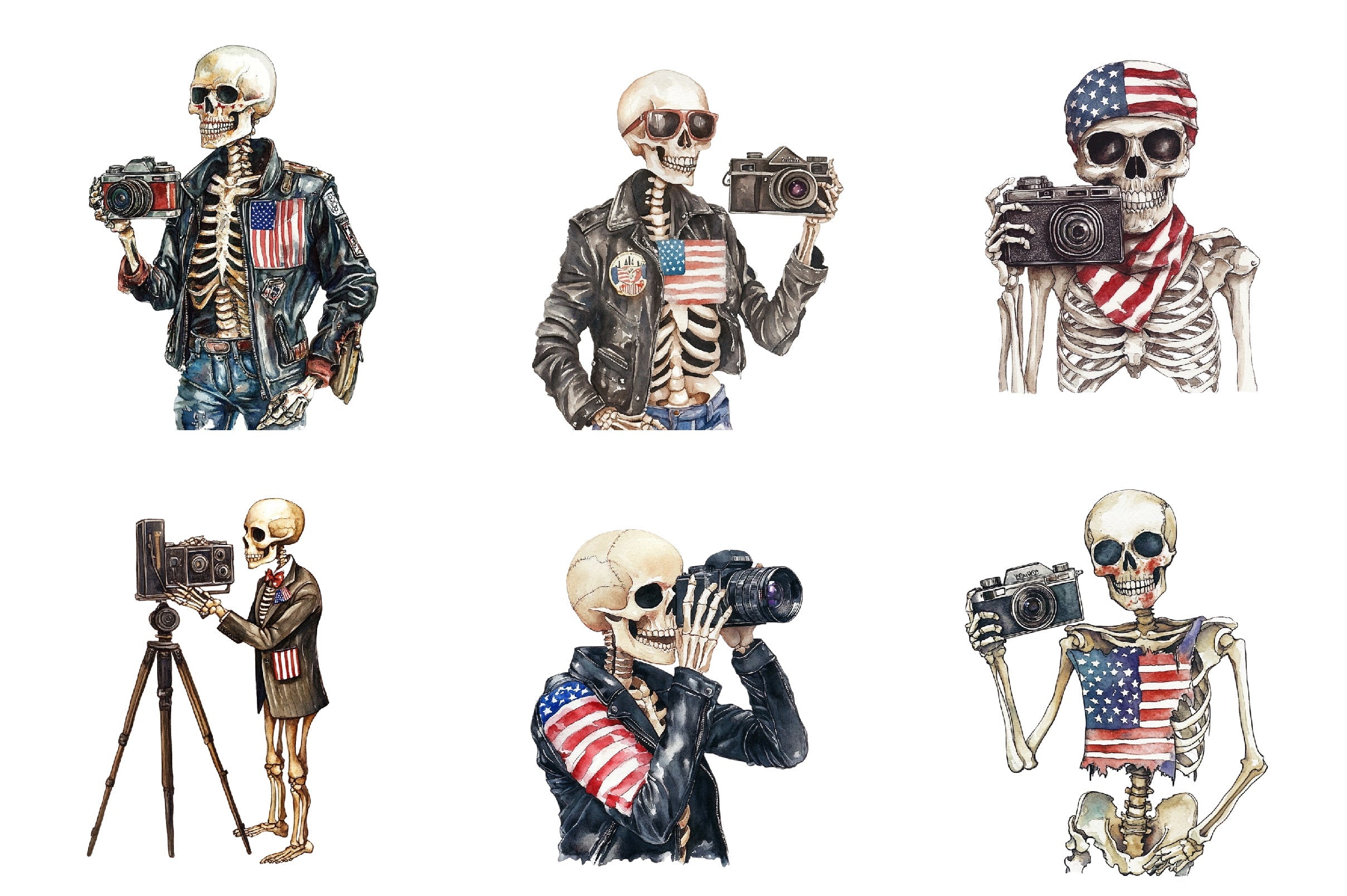 Vintage Skeleton Holding Camera Clipart Bundle - USA Flag Theme