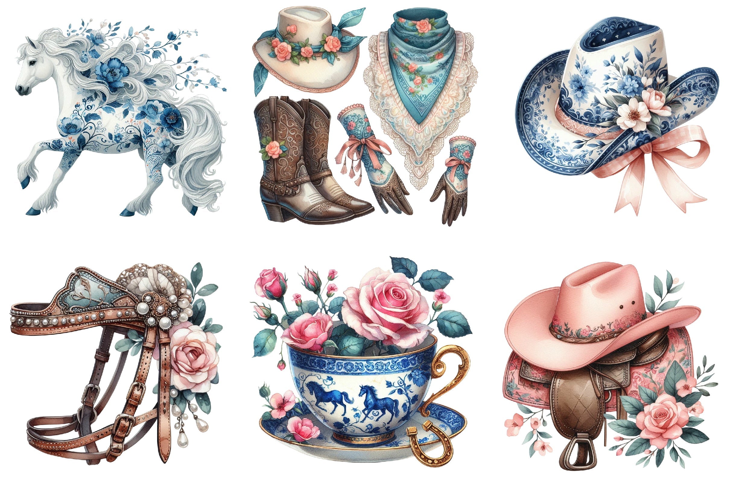 Chinoiserie Cowgirl Coquette Clipart Bundle