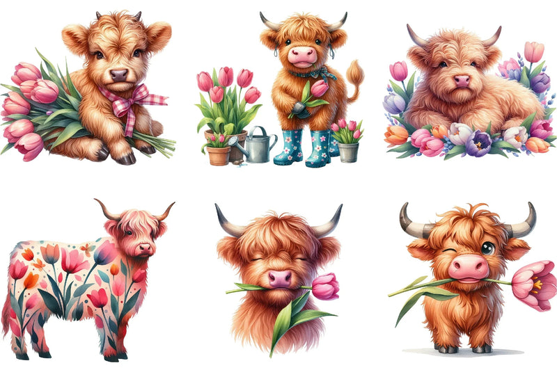 Highland Cow Tulip Flower Clipart Bundle - CraftNest - Digital Crafting and Art
