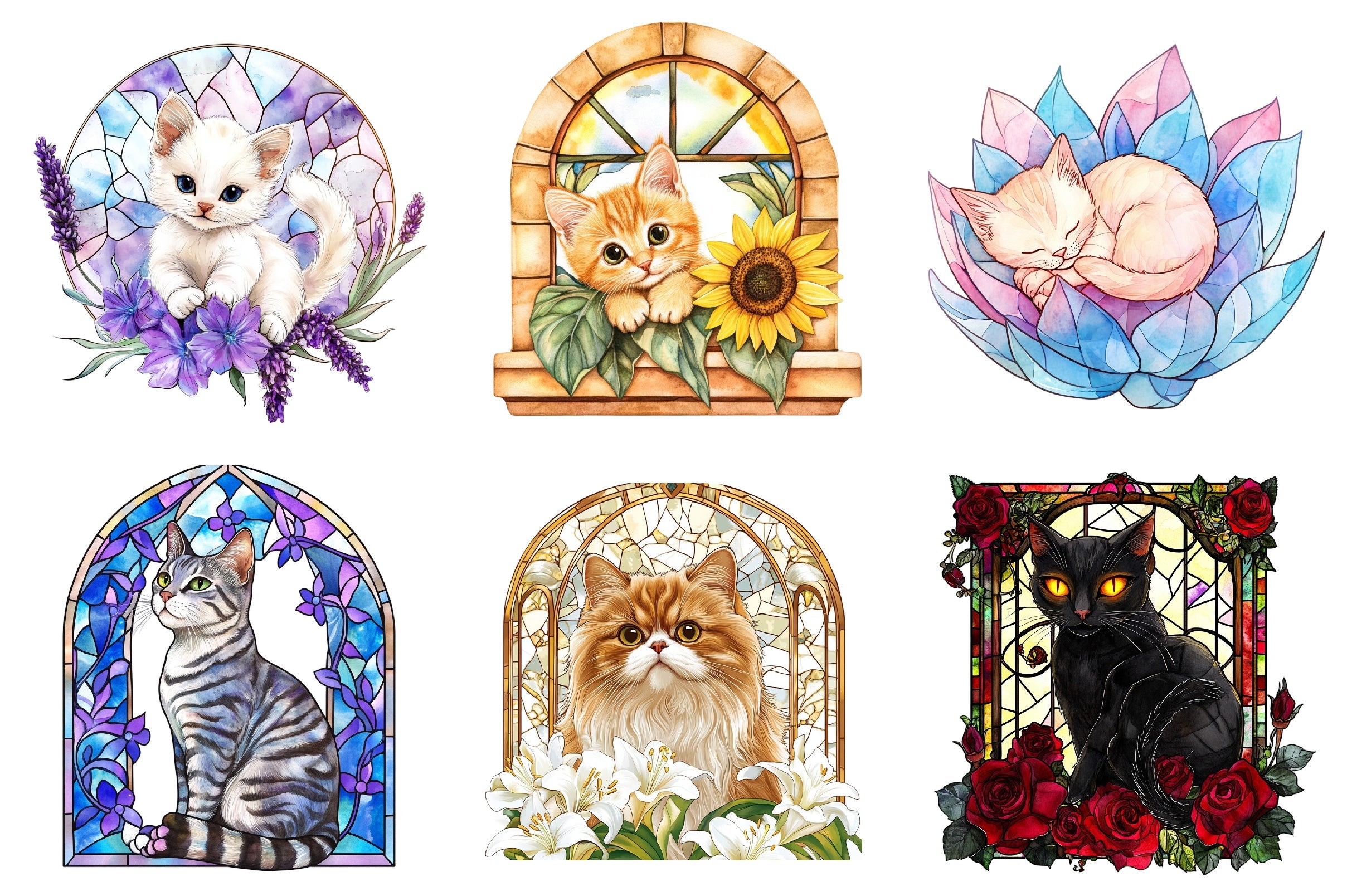 Cat Floral Stained Glass Clipart Bundle