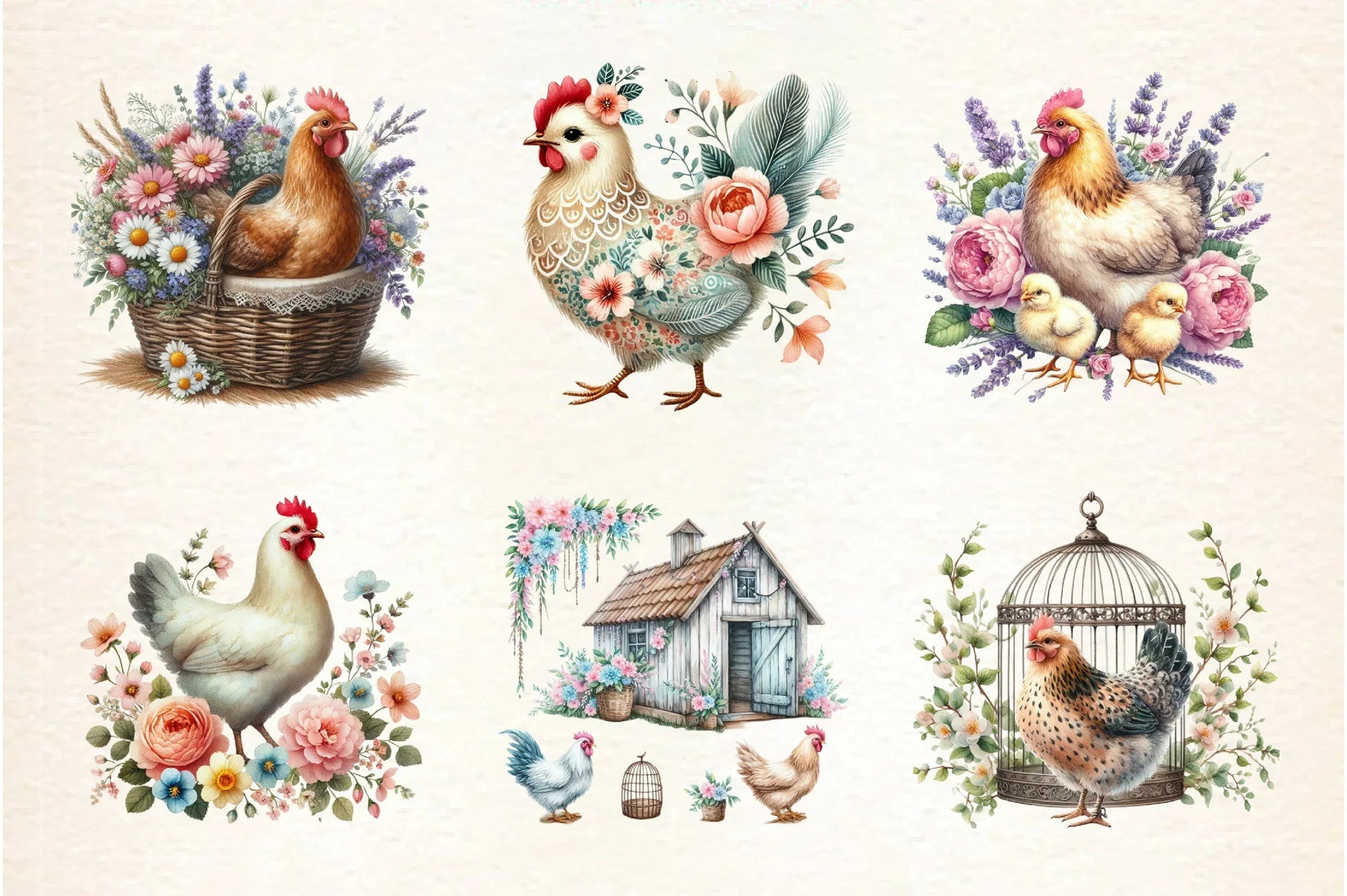 Vintage Spring Floral Chicken Clipart Bundle - CraftNest - Digital Crafting and Art