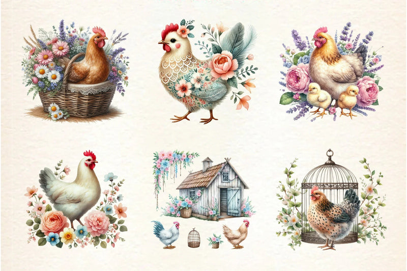 Vintage Spring Floral Chicken Clipart Bundle - CraftNest - Digital Crafting and Art