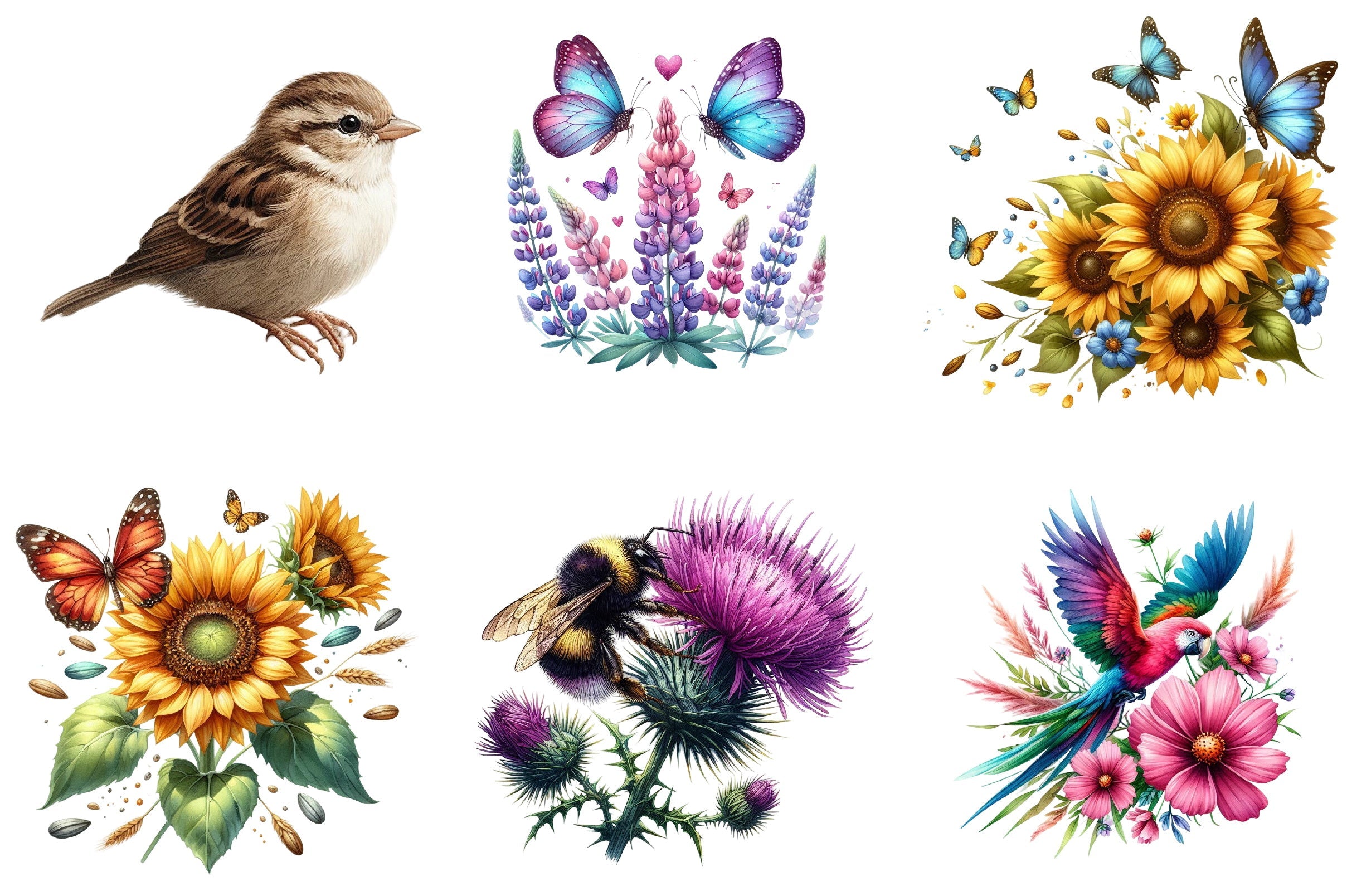 Wildflower & Winged Animal Clipart Bundle