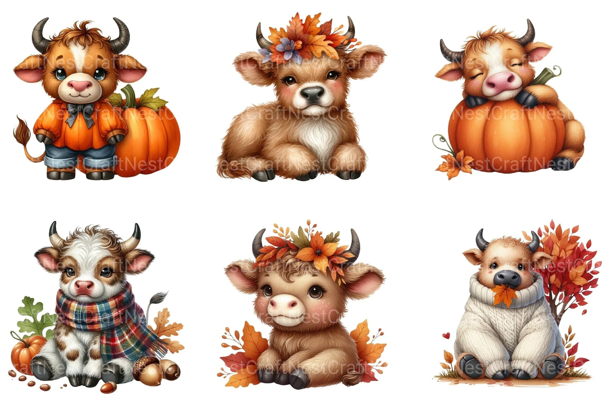 Autumn Cute Bull Clipart Bundle - CraftNest - Digital Crafting and Art