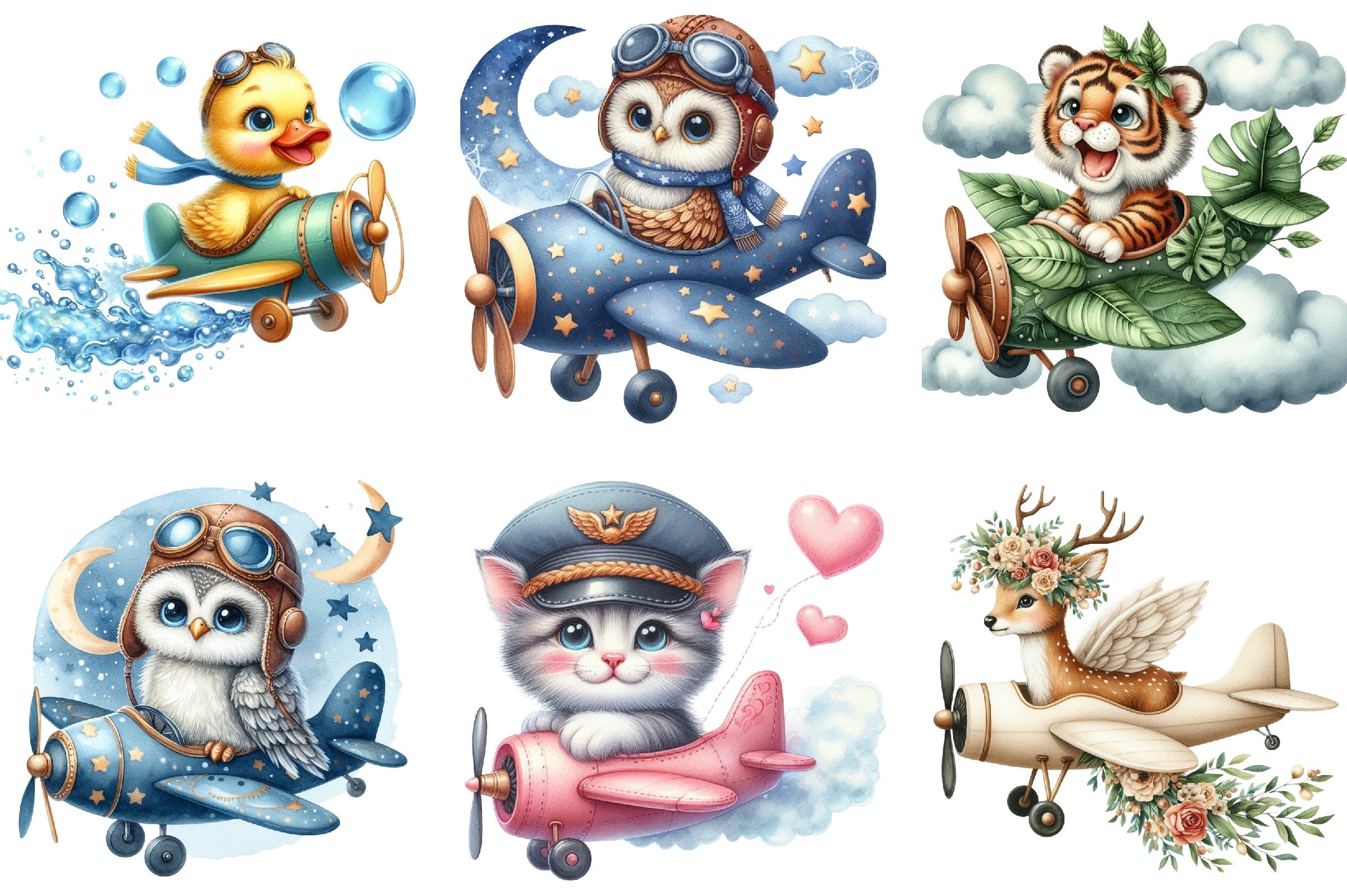 Airplane Cute Animals Clipart Bundle