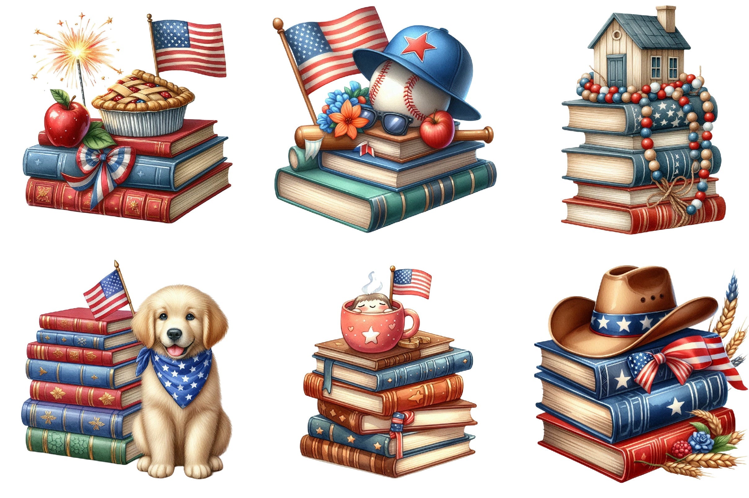 4th of July Book Stack Clipart Bundle