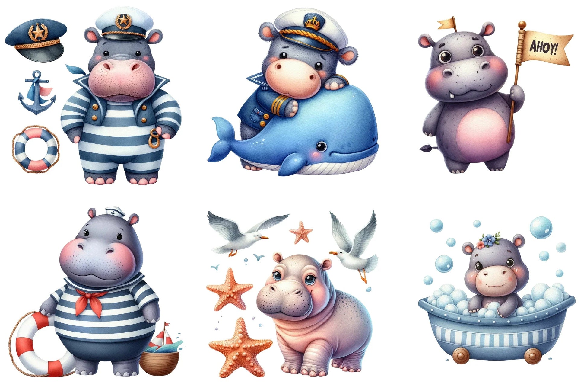Hippo Sea Captain Baby Room Clipart Bundle - CraftNest - Digital Crafting and Art