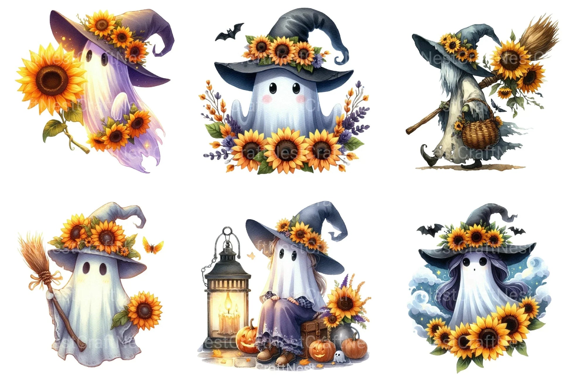 Witchy Sunflower Ghost Halloween Clipart Bundle - CraftNest - Digital Crafting and Art